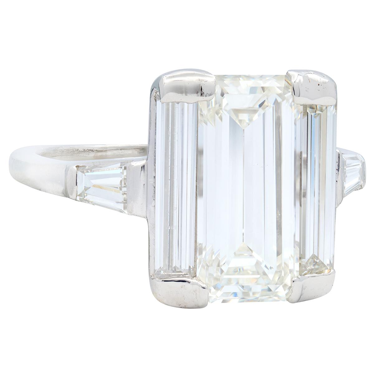 Vintage 4.25 CTW Elongated Emerald Cut Diamond Platinum Engagement Ring GIA
