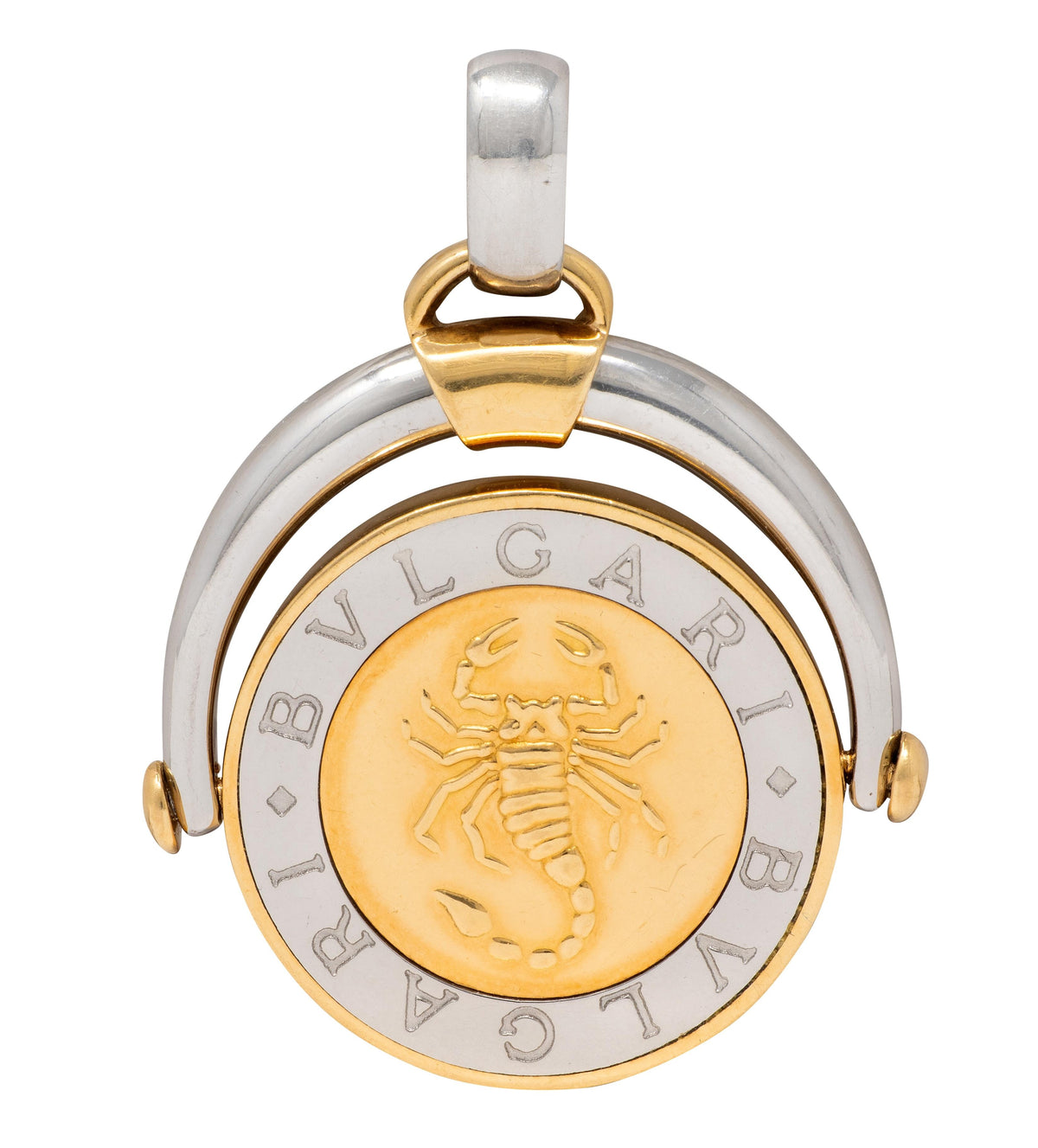 Bvlgari 1990's 18K Gold Stainless Steel Vintage Scorpio Zodiac Flip Pendant