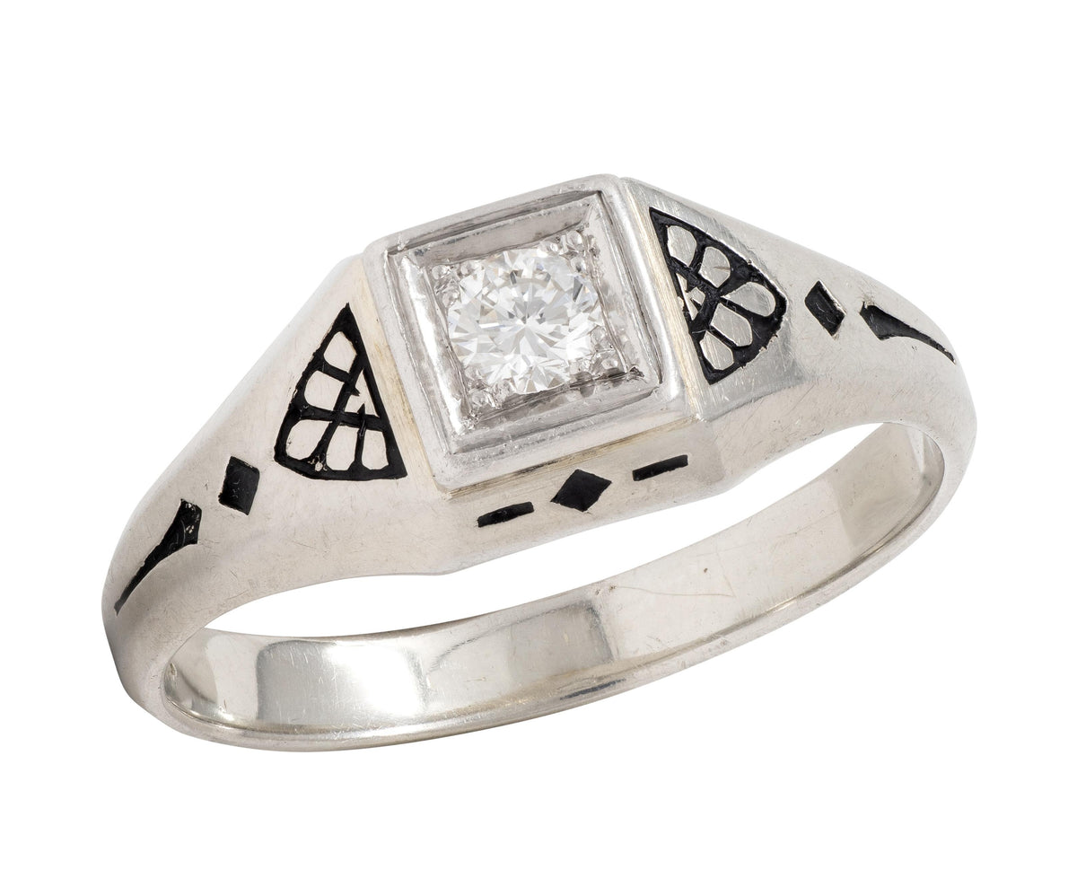 Bailey Banks & Biddle Art Deco Diamond Enamel 19K Gold Vintage Engagement Ring