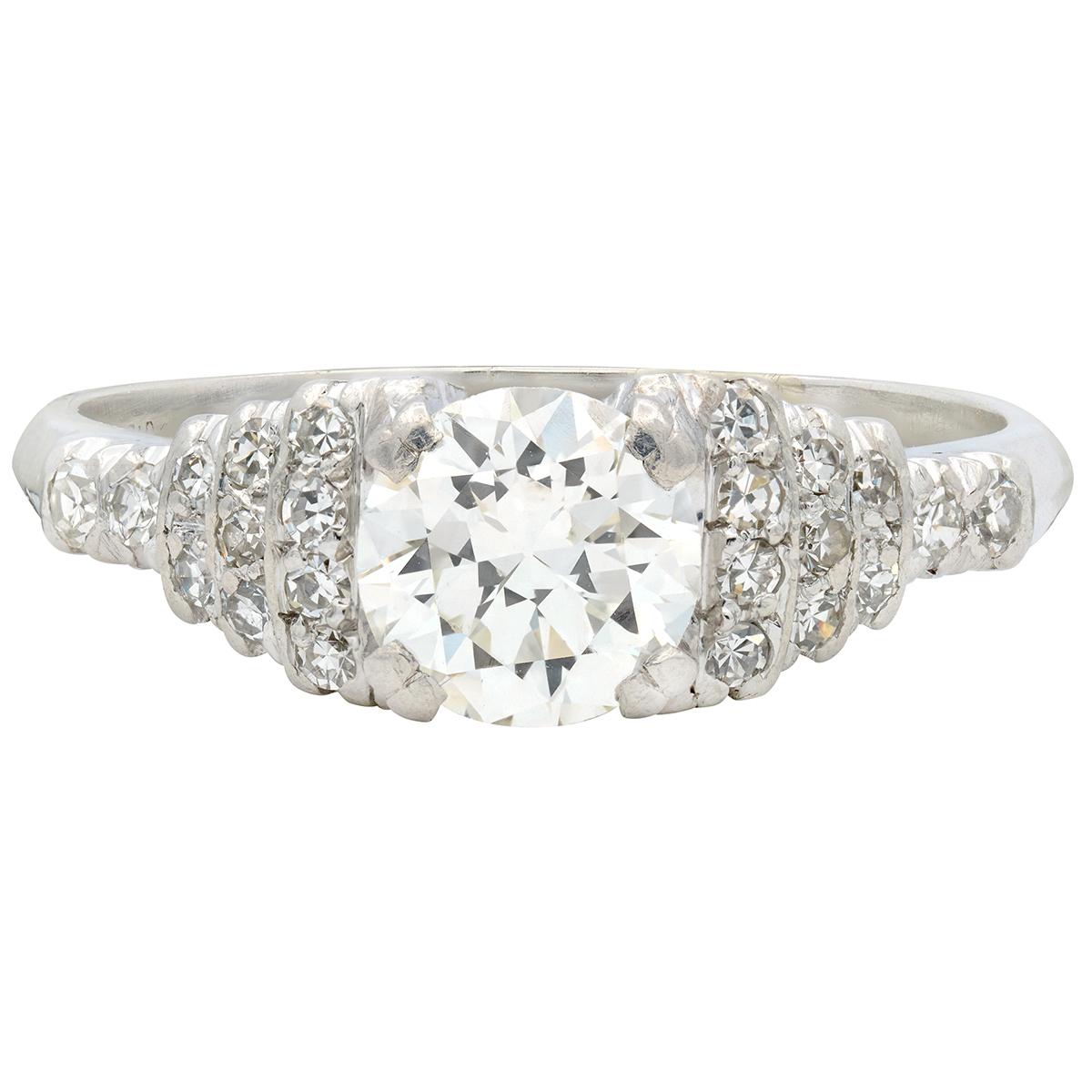 Mid-Century Old European Cut Diamond Platinum Stepped Fishtail Engagement Ring