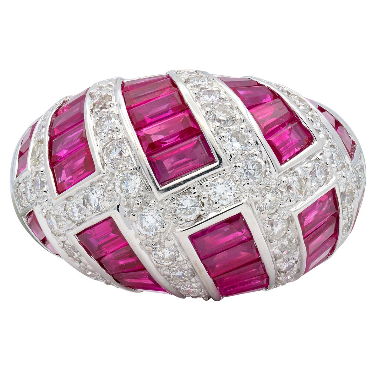 Contemporary 6.36 CTW Ruby Diamond 18 Karat White Gold Dome Weave Ring