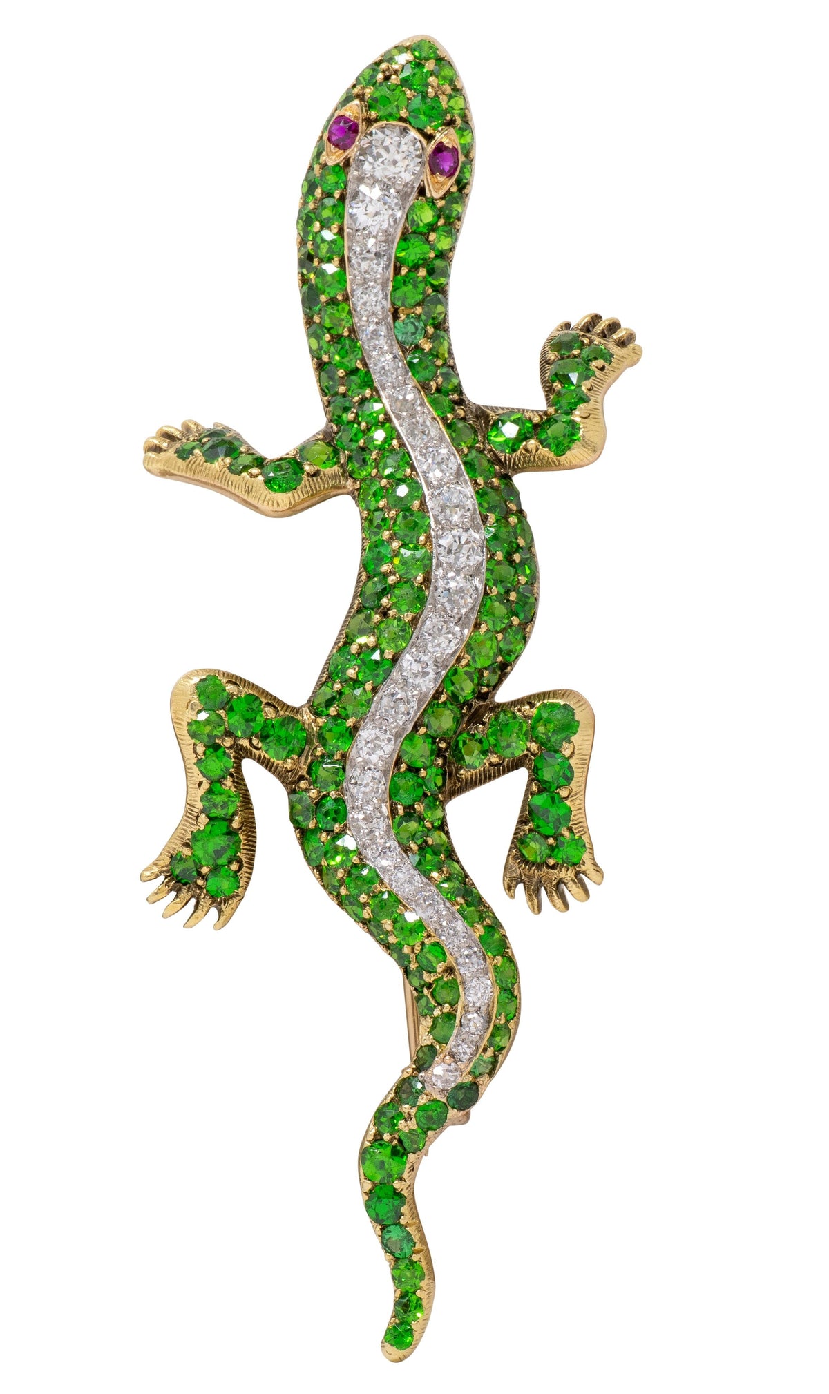 Edwardian Demantoid Diamond Ruby 18K Yellow Platinum Antique Salamander Brooch