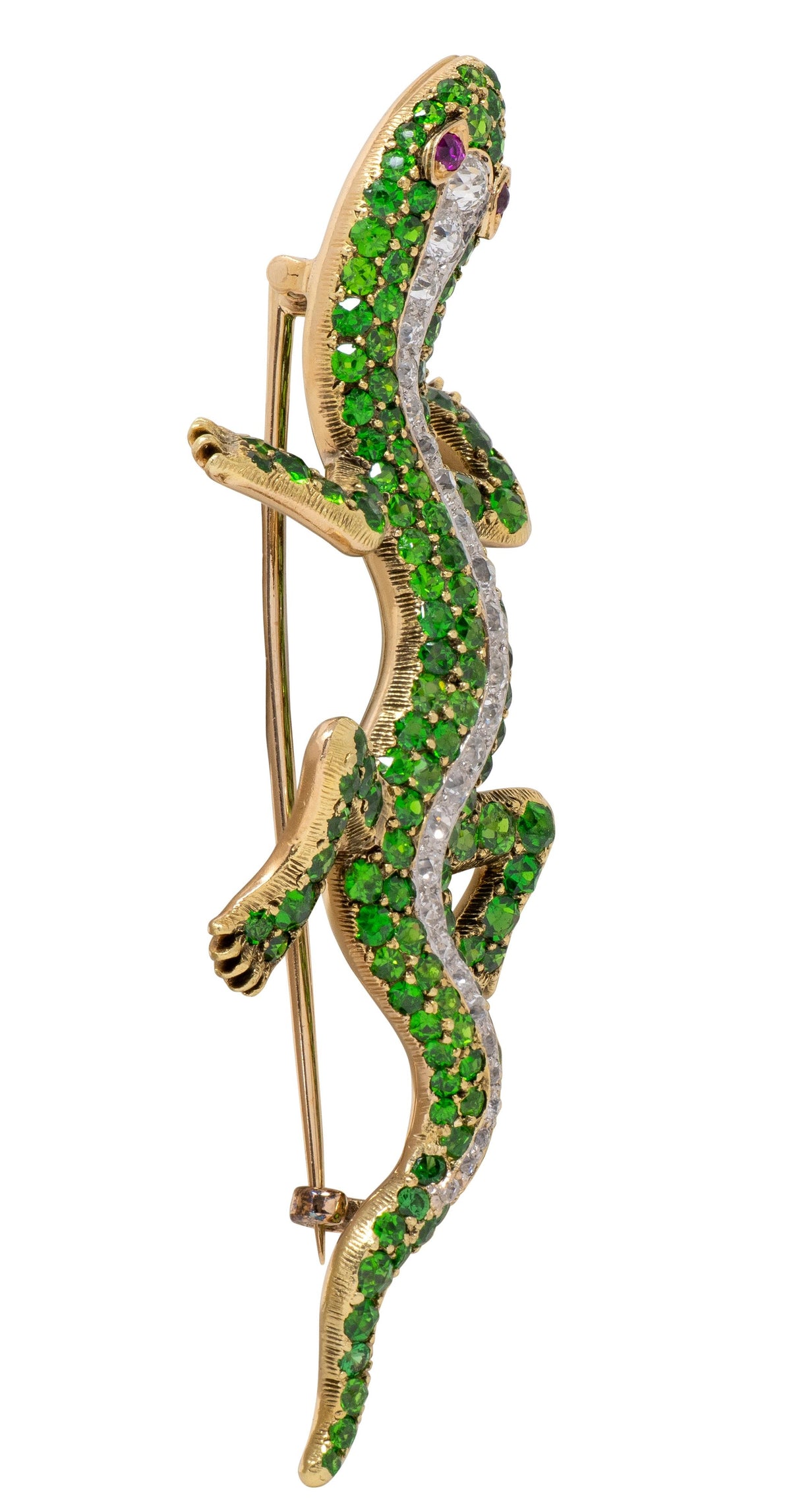 Edwardian Demantoid Diamond Ruby 18K Yellow Platinum Antique Salamander Brooch