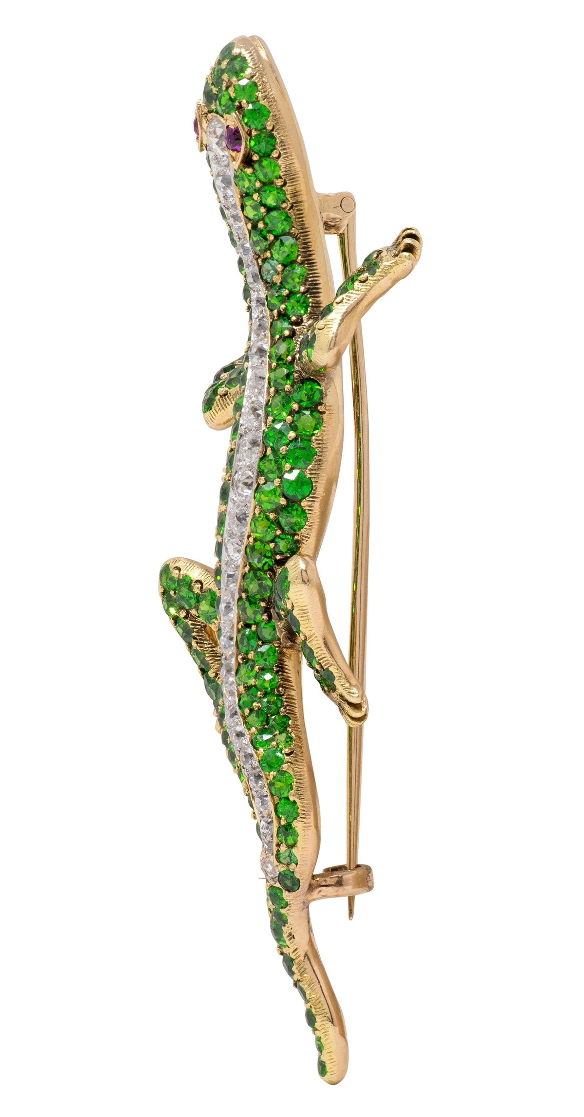 Edwardian Demantoid Diamond Ruby 18K Yellow Platinum Antique Salamander Brooch