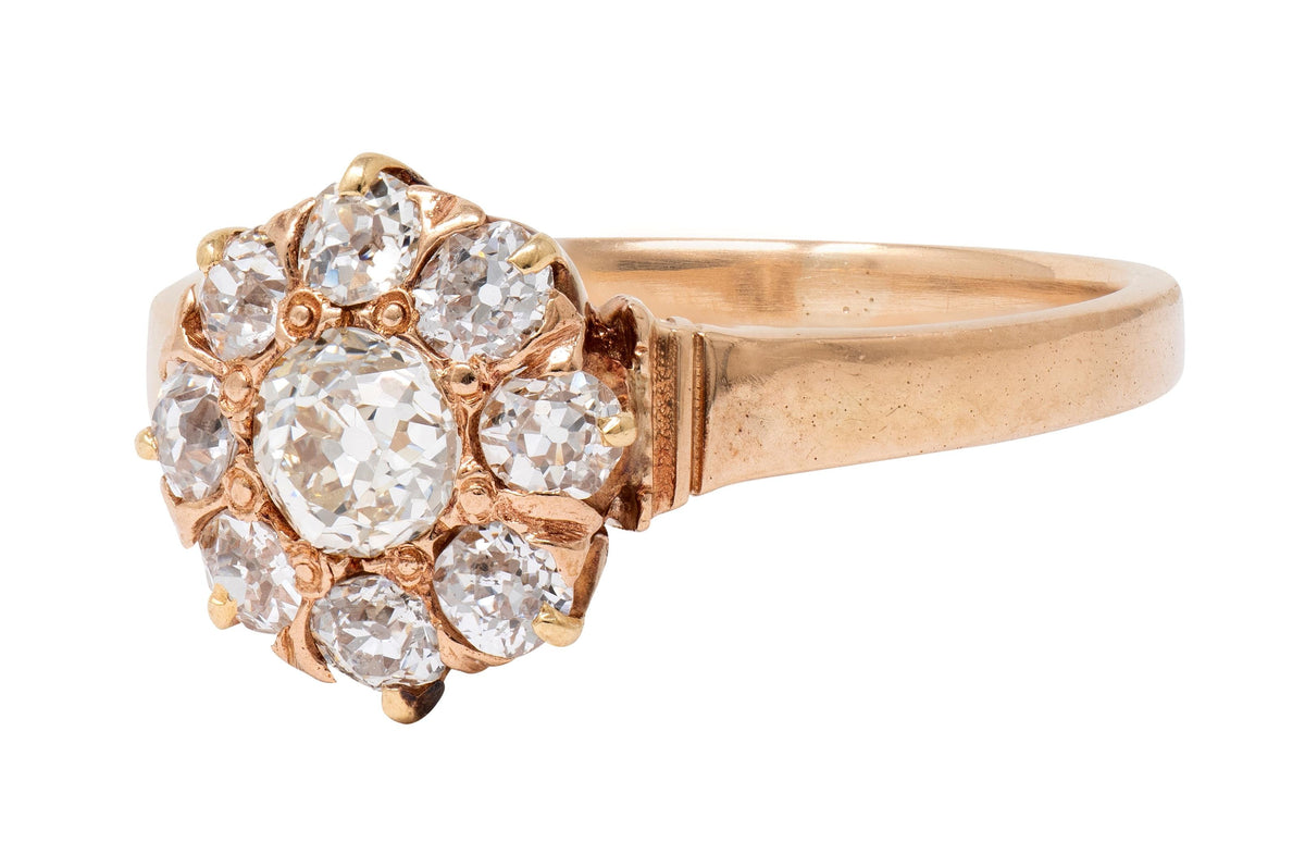 Victorian Old Mine Cut Diamond 14 Karat Yellow Gold Antique Halo Engagement Ring