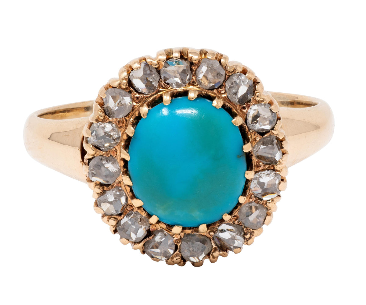 Victorian Turquoise Diamond 14 Karat Yellow Gold Antique Halo Ring