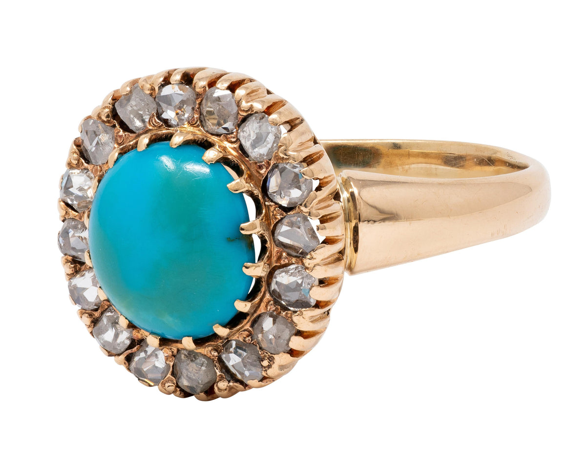Victorian Turquoise Diamond 14 Karat Yellow Gold Antique Halo Ring