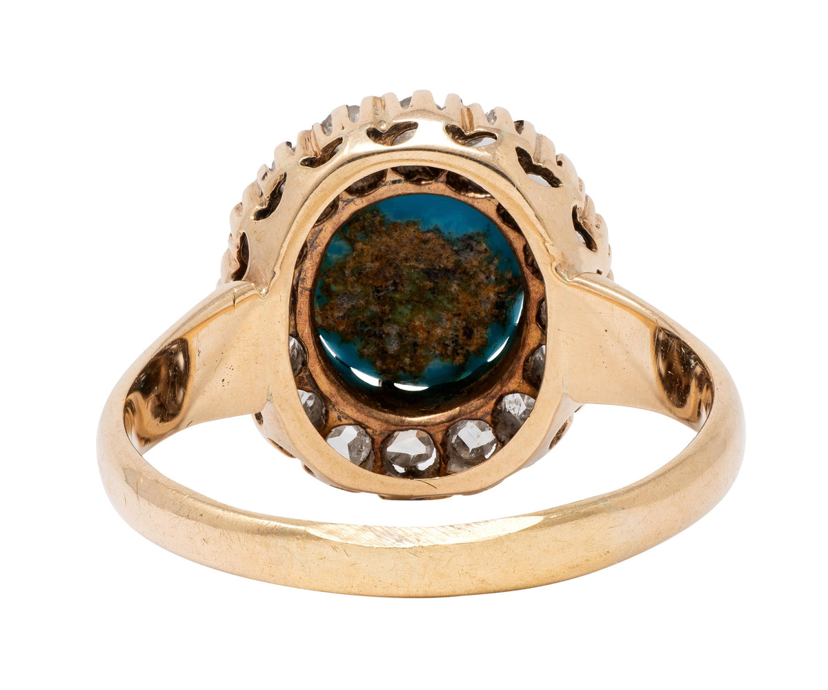 Victorian Turquoise Diamond 14 Karat Yellow Gold Antique Halo Ring