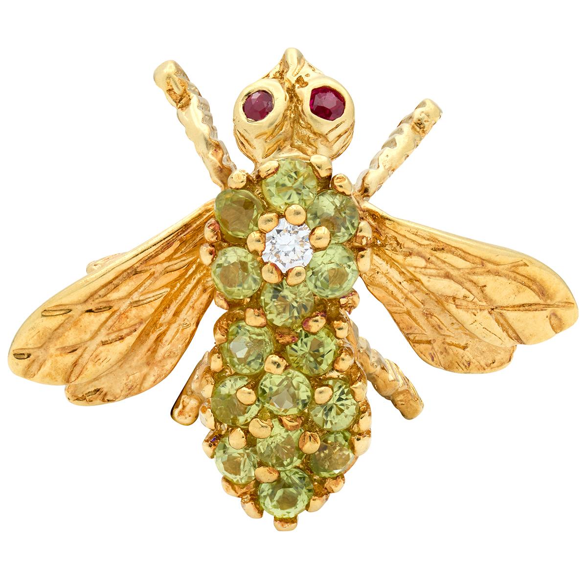 Herbert Rosenthal 1960's Diamond Peridot 18 Karat Yellow Gold Vintage Bee Brooch