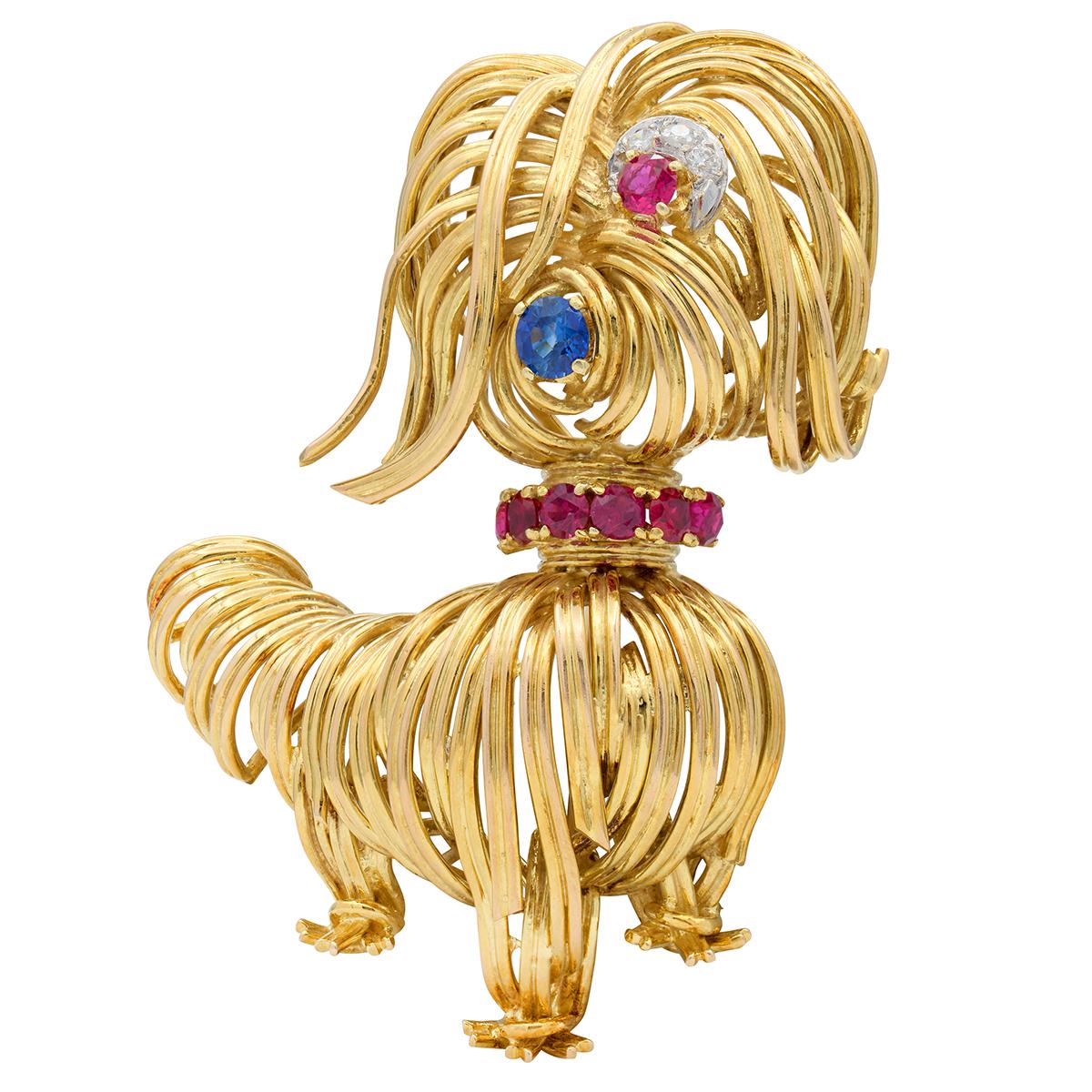 1960 Diamond Ruby Sapphire 14 Karat Yellow Gold Platinum Vintage Wire Dog Brooch