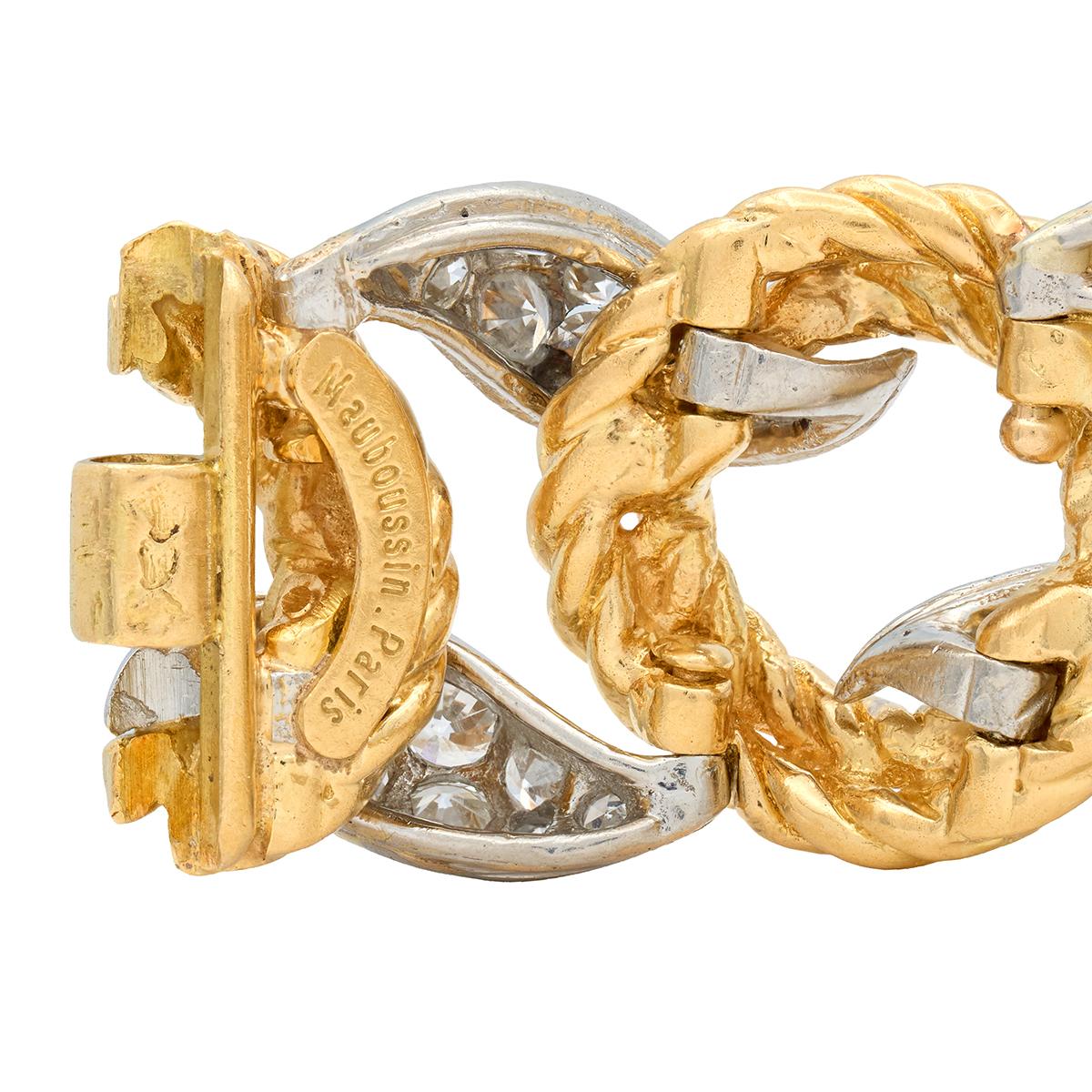 Mauboussin Paris 1950's Diamond 18K Gold Platinum Vintage Twist Link Bracelet