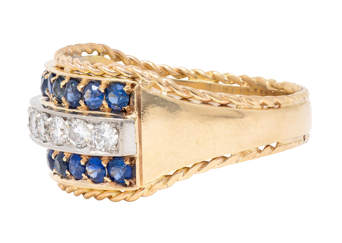 1960's Diamond Sapphire Platinum 14K Gold Vintage Twisted Rope Wide Band Ring