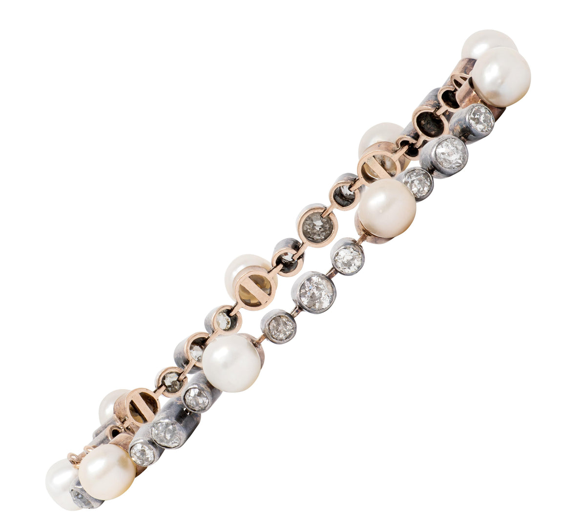 Victorian 3.14 CTW Diamond Pearl 18 Karat Rose Gold Silver Antique Line Bracelet