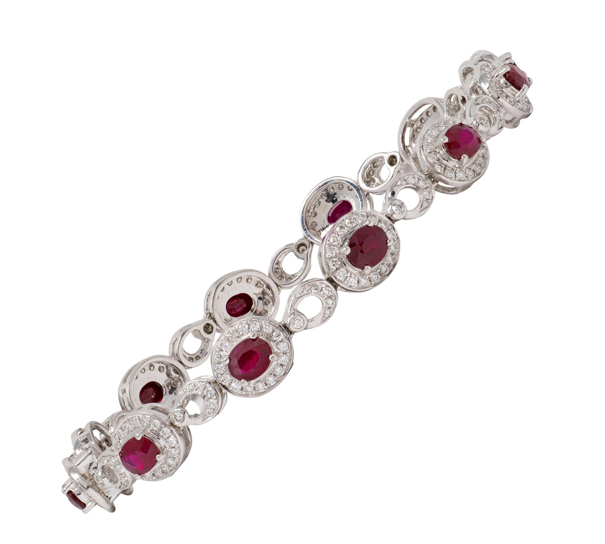 2010's 5.33 CTW Ruby Diamond 18 Karat White Gold Contemporary Halo Line Bracelet