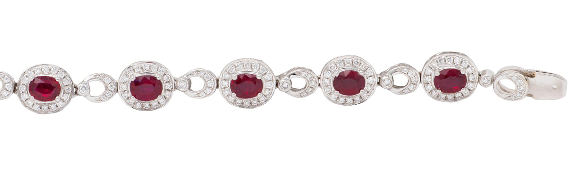 2010's 5.33 CTW Ruby Diamond 18 Karat White Gold Contemporary Halo Line Bracelet