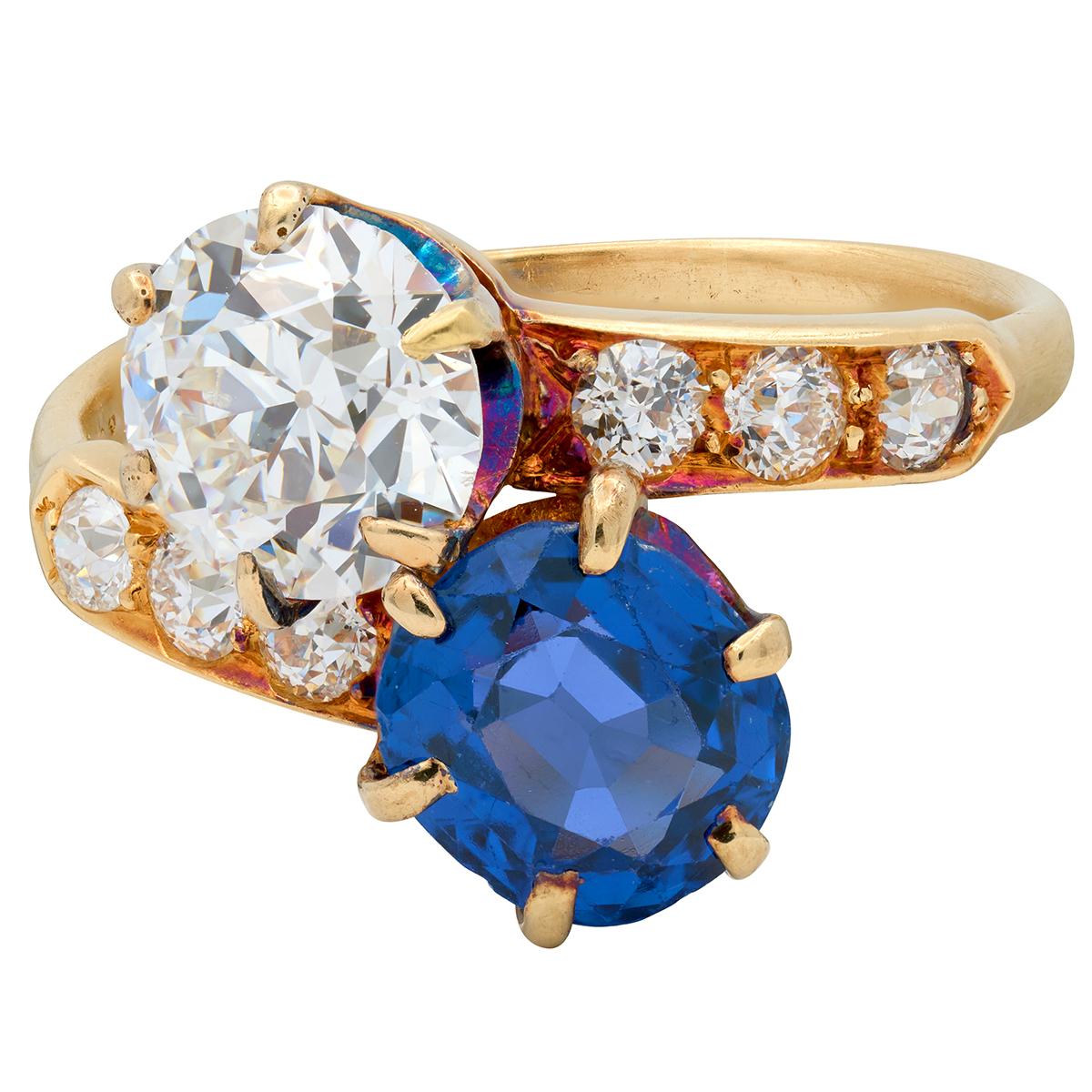 Tiffany & Co. No Heat Yogo Montana Sapphire Diamond 18K Antique Toi-Et-Moi Ring