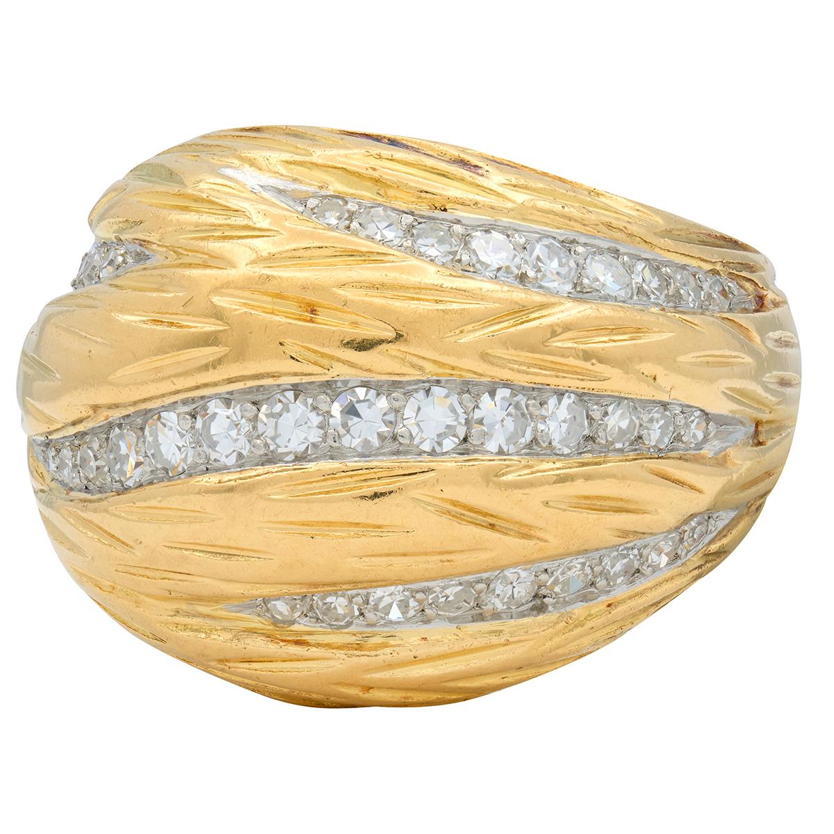 Mauboussin Paris 1960's Diamond 18 Karat Yellow Gold Platinum Vintage Dome Ring
