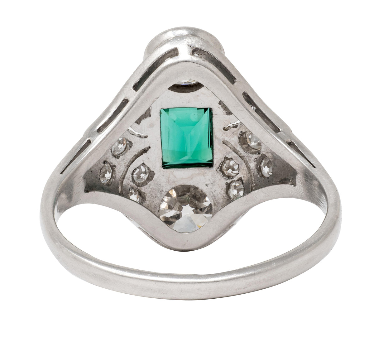 Art Deco 1.75 CTW Emerald Diamond Platinum Vintage Navette Dinner Ring