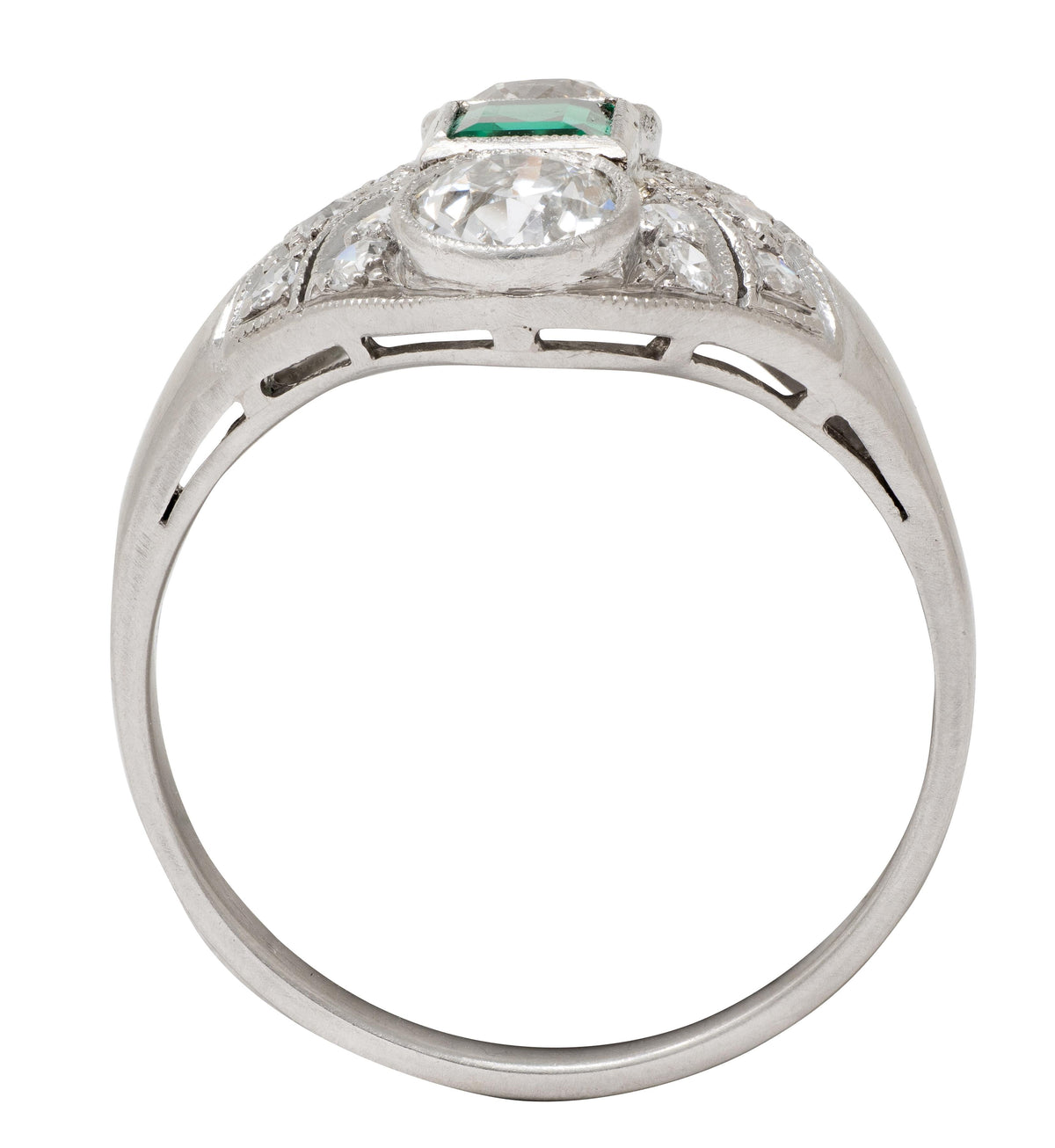 Art Deco 1.75 CTW Emerald Diamond Platinum Vintage Navette Dinner Ring