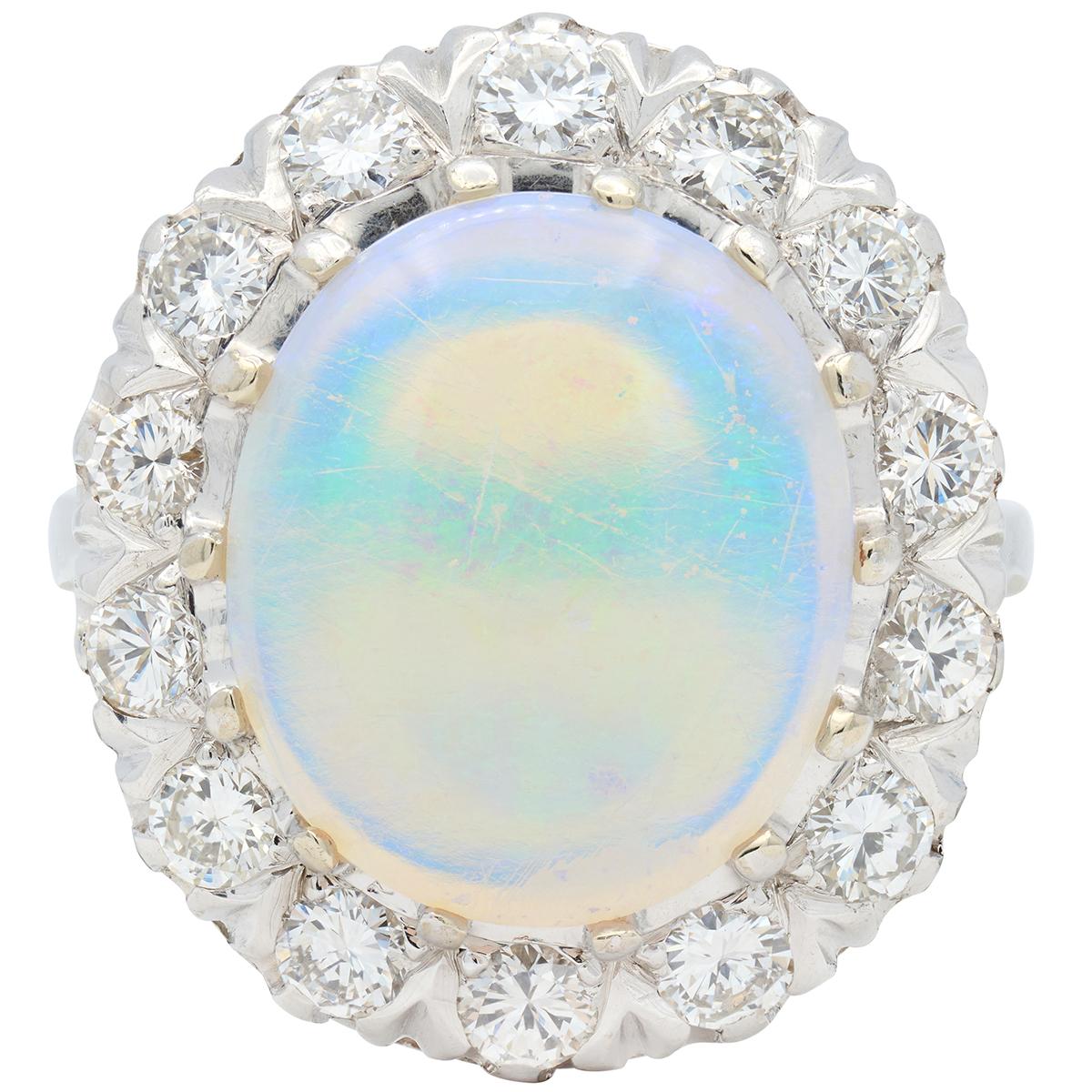 Mid-Century Jelly Opal Diamond 14 Karat White Gold Vintage Halo Ring