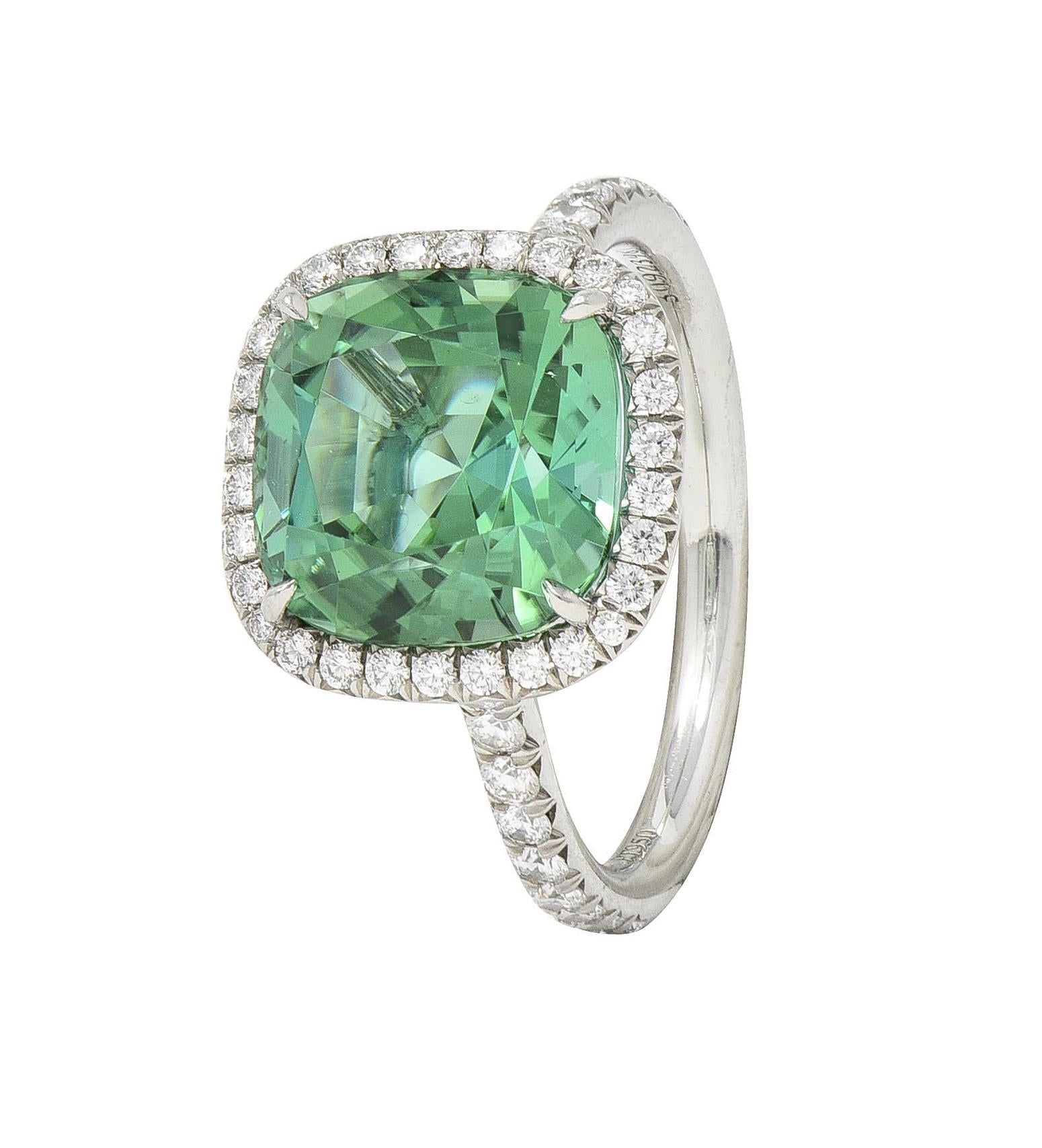 Tiffany & Co. 4.38 CTW Green Tourmaline Diamond Platinum Soleste Halo Ring