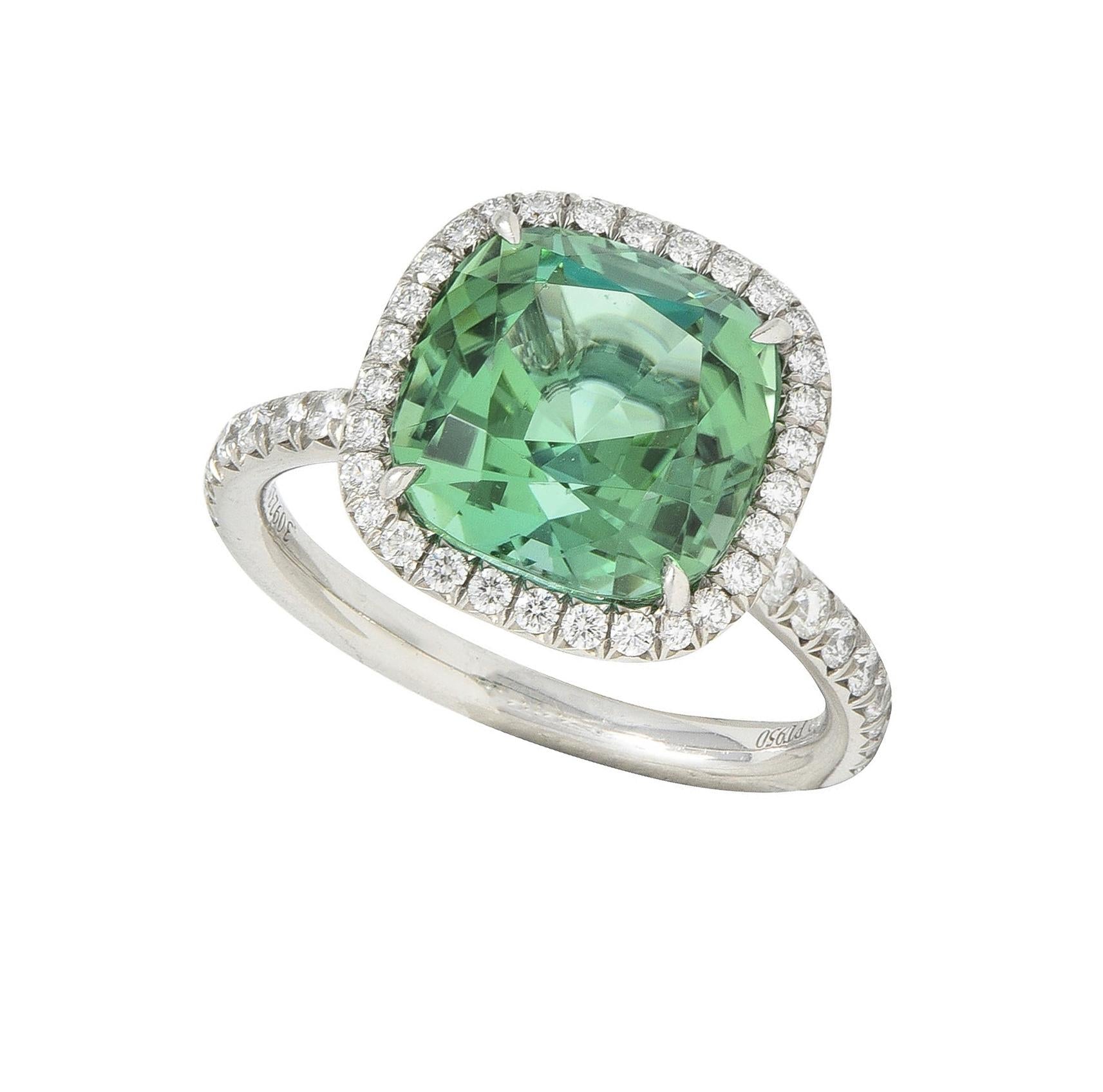 Tiffany & Co. 4.38 CTW Green Tourmaline Diamond Platinum Soleste Halo Ring