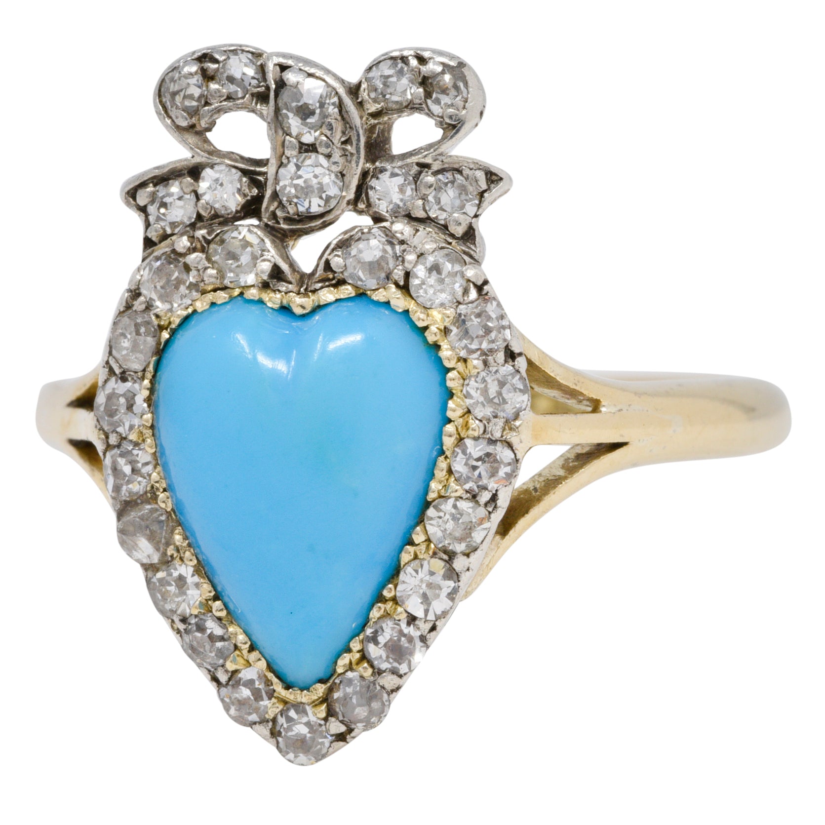 Victorian Turquoise Cabochon Diamond 18 Karat Yellow Gold Antique Heart Ring