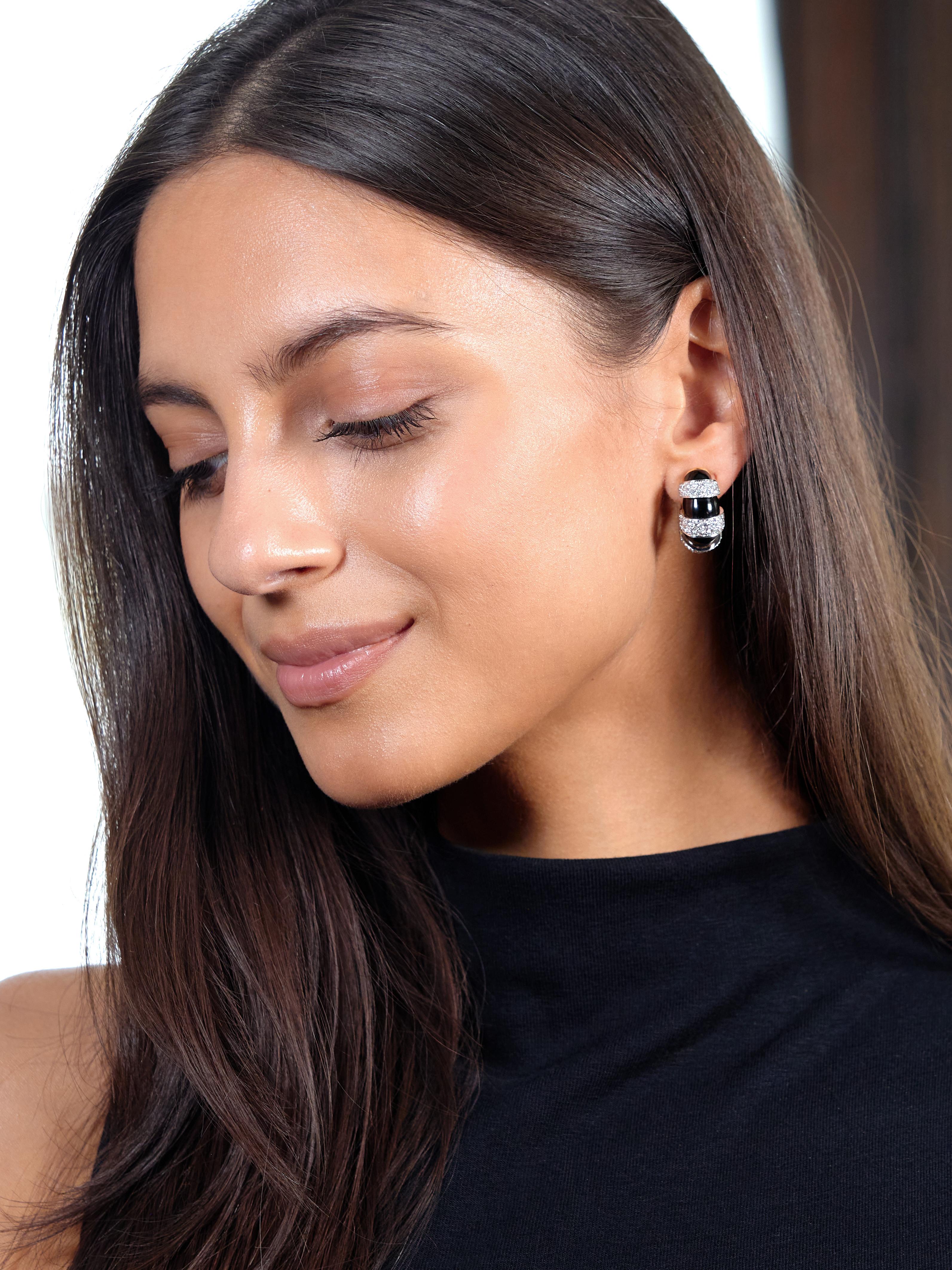 David Webb Diamond Black Enamel Platinum 18K Gold Vintage Ear-Clip Earrings