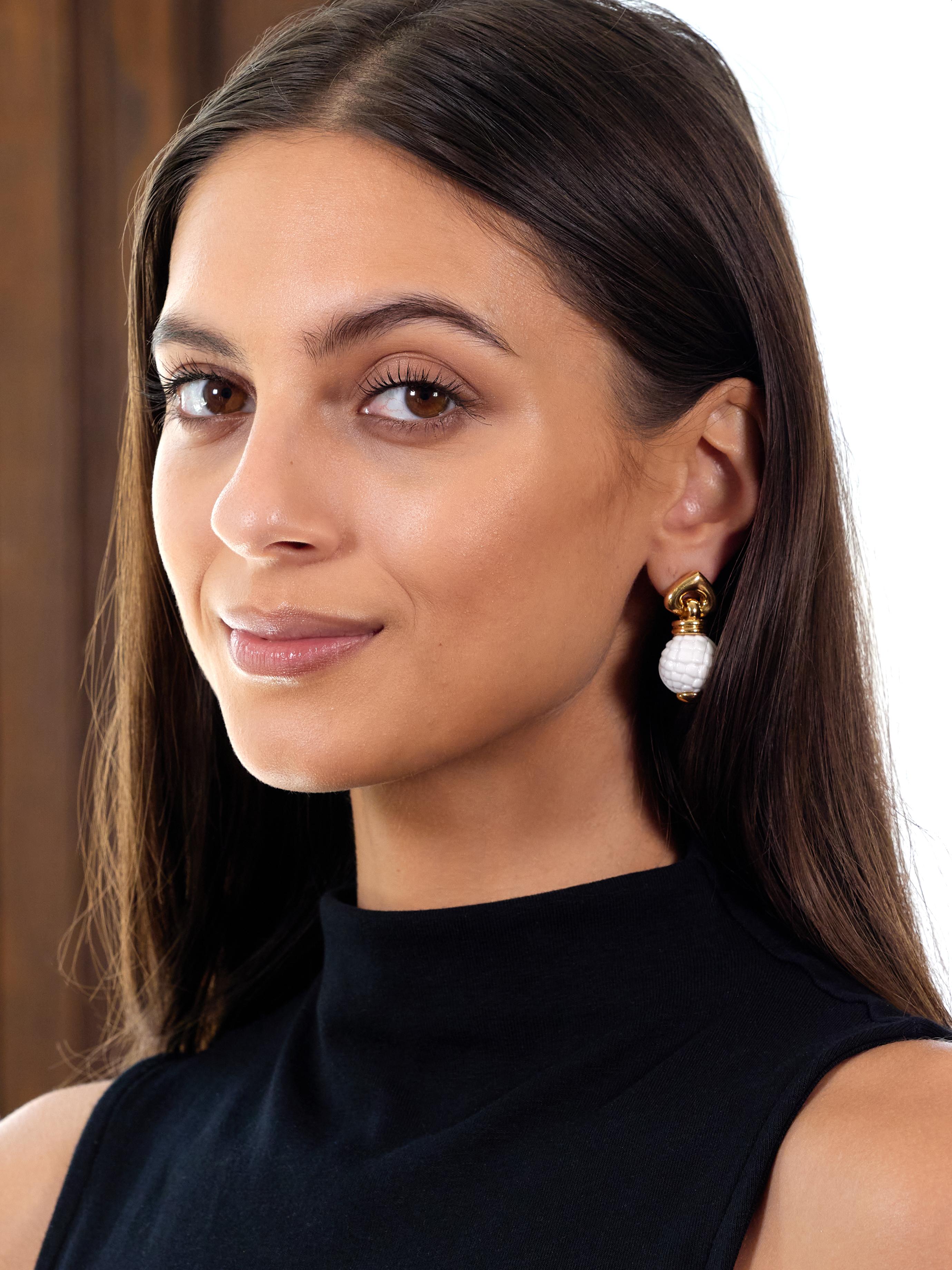 Bulgari 1990's Ceramic 18K Yellow Gold Chandra Beaded Drop Ear-Clip Earrings