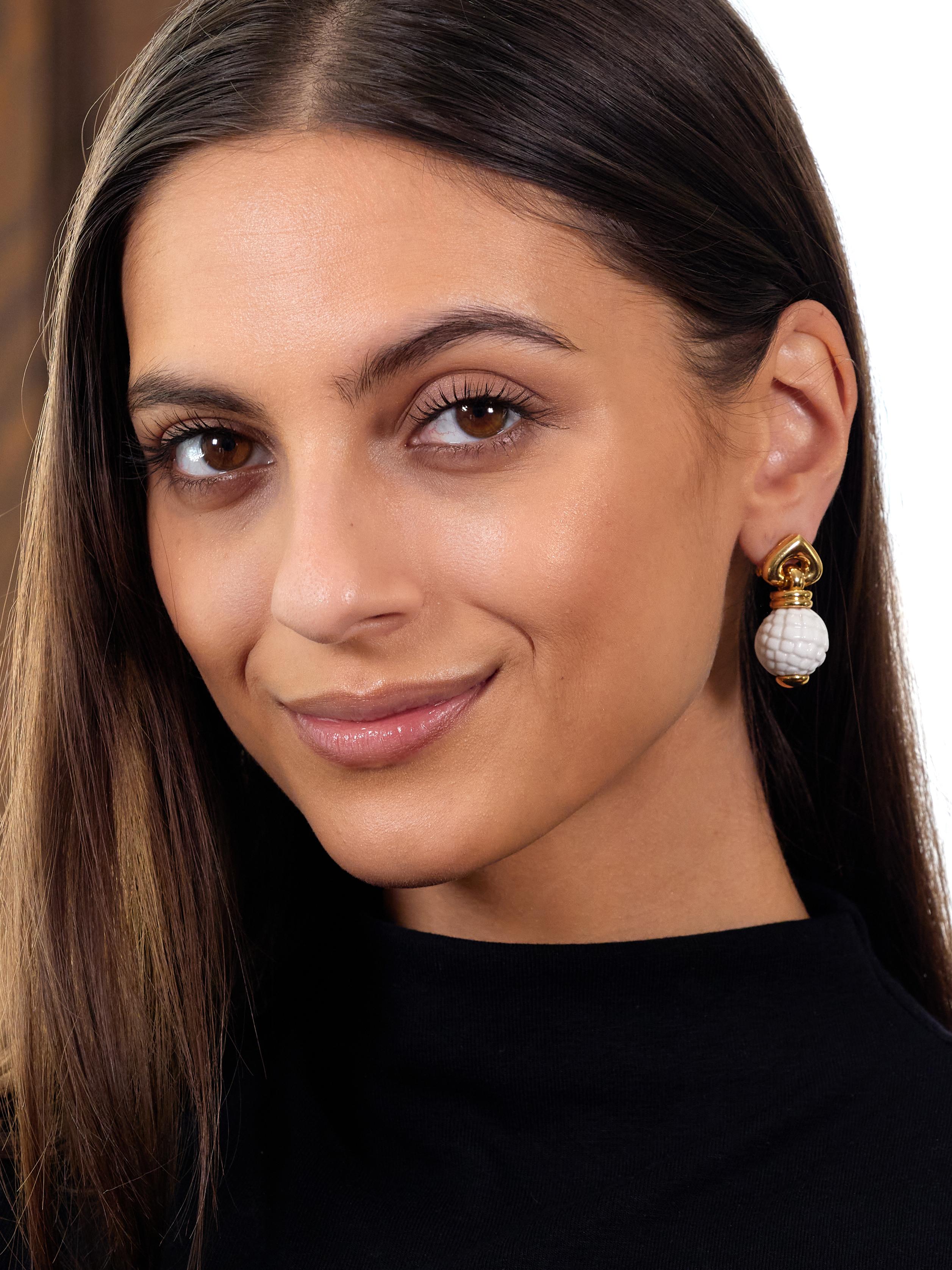 Bulgari 1990's Ceramic 18K Yellow Gold Chandra Beaded Drop Ear-Clip Earrings
