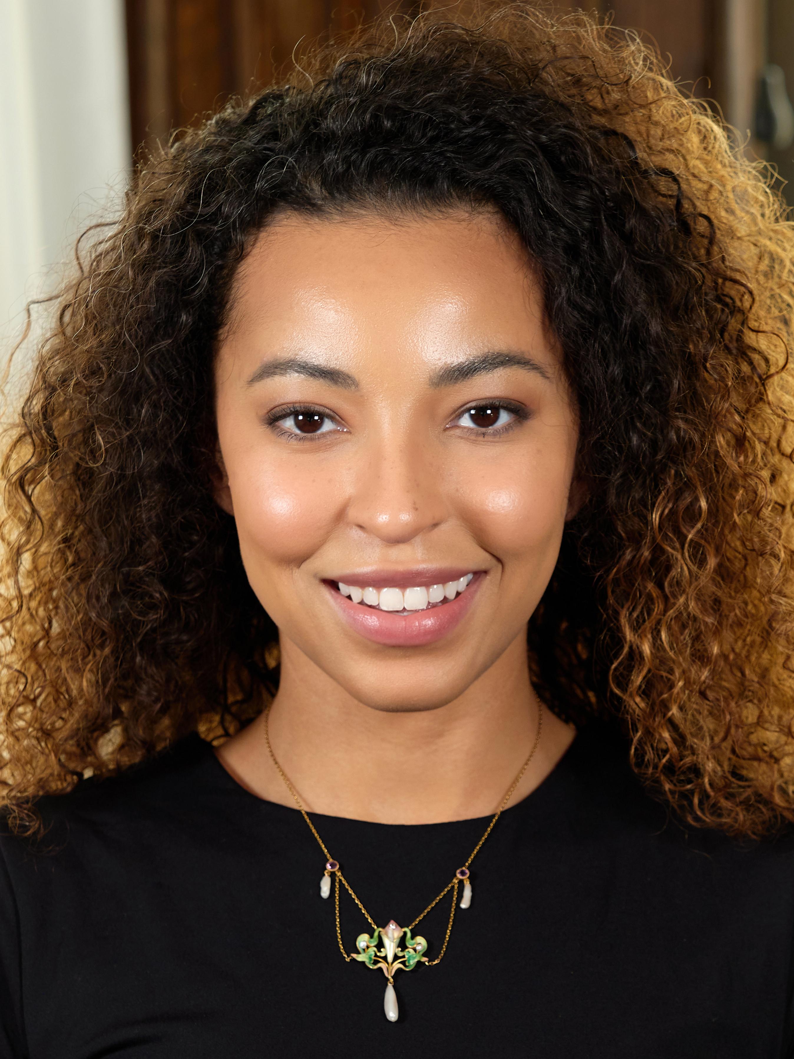 Art Nouveau Diamond Amethyst Pearl 14K Gold Antique Swagged Calla Lily Necklace