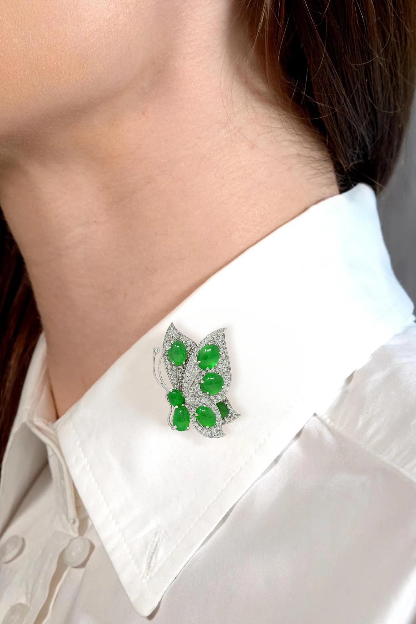 Contemporary 1.60 CTW Diamond Jade 18K White Gold En Tremblant Butterfly Brooch