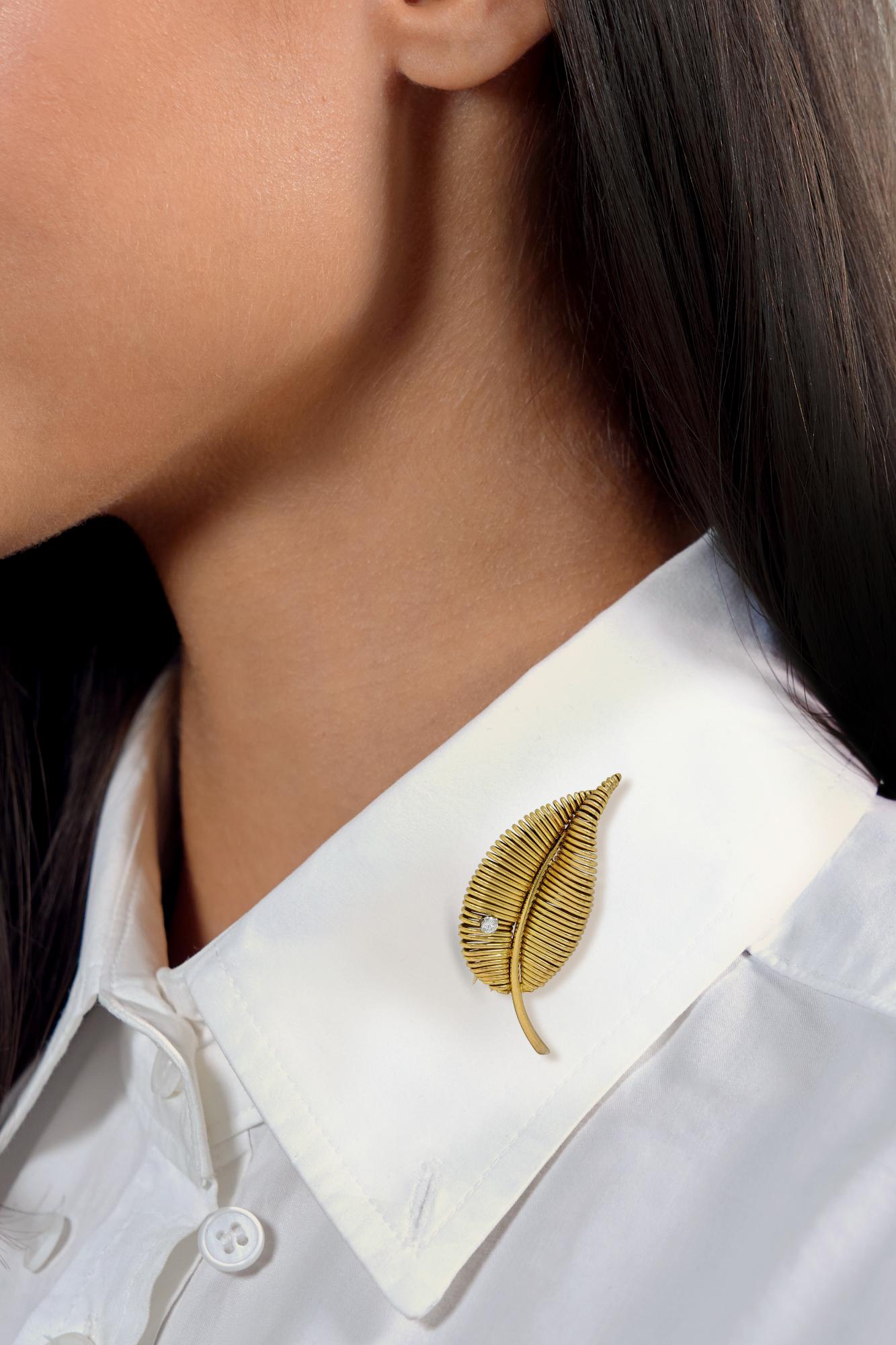 Mauboussin Paris Mid-Century Diamond Platinum 18 Karat Gold Vintage Leaf Brooch