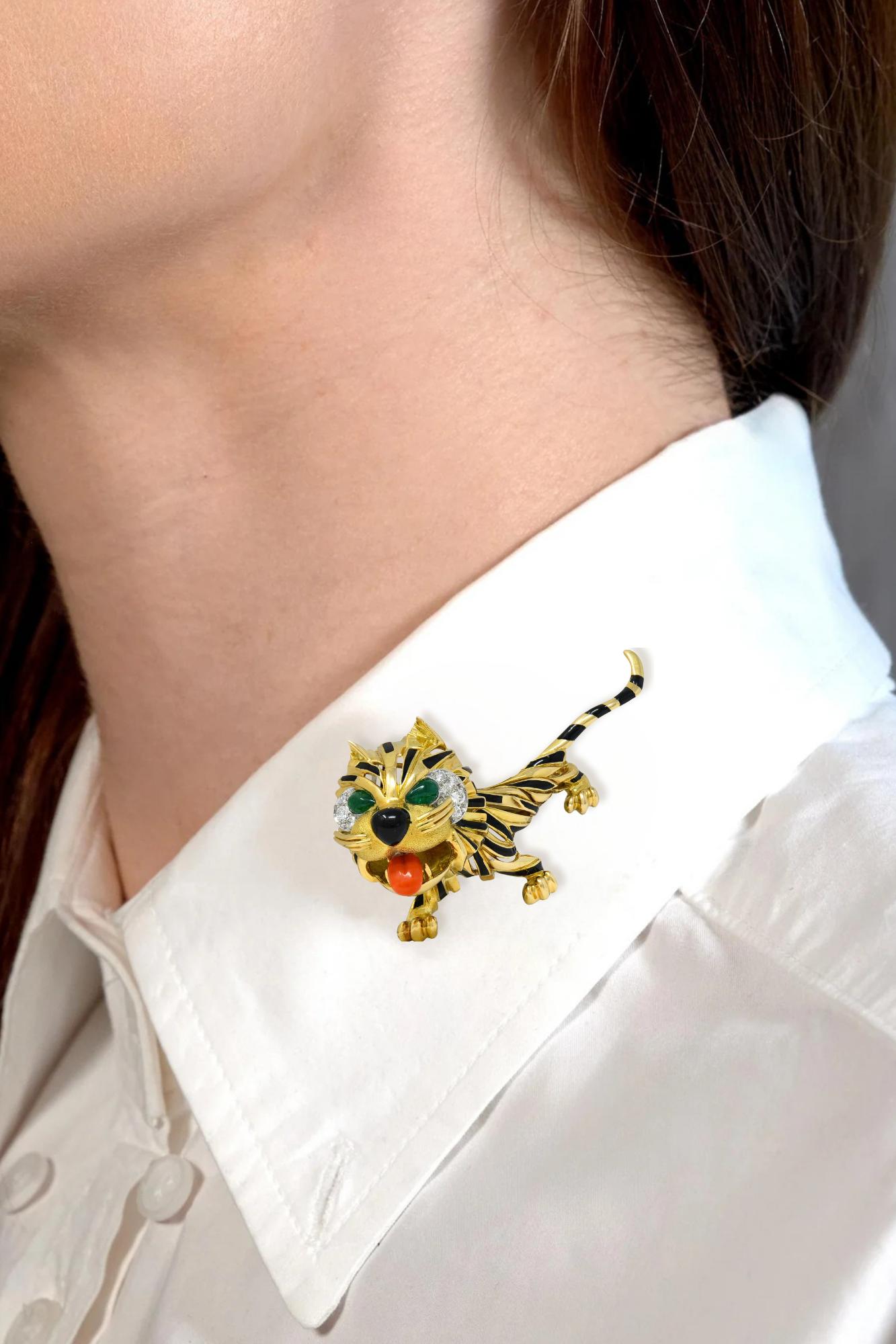 1960's Van Cleef & Arpels French Multi-Gem 18K Gold Vintage Tiger Brooch