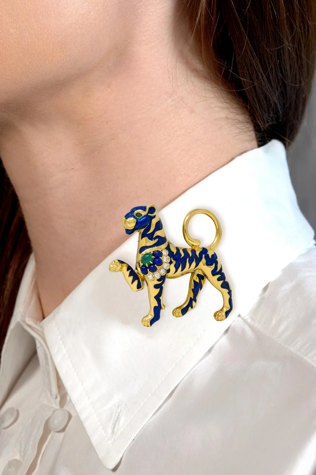 Van Cleef & Arpels French 1971 Diamond Lapis Blue Enamel 18 Karat Yellow Gold Vintage Persian Tiger Brooch