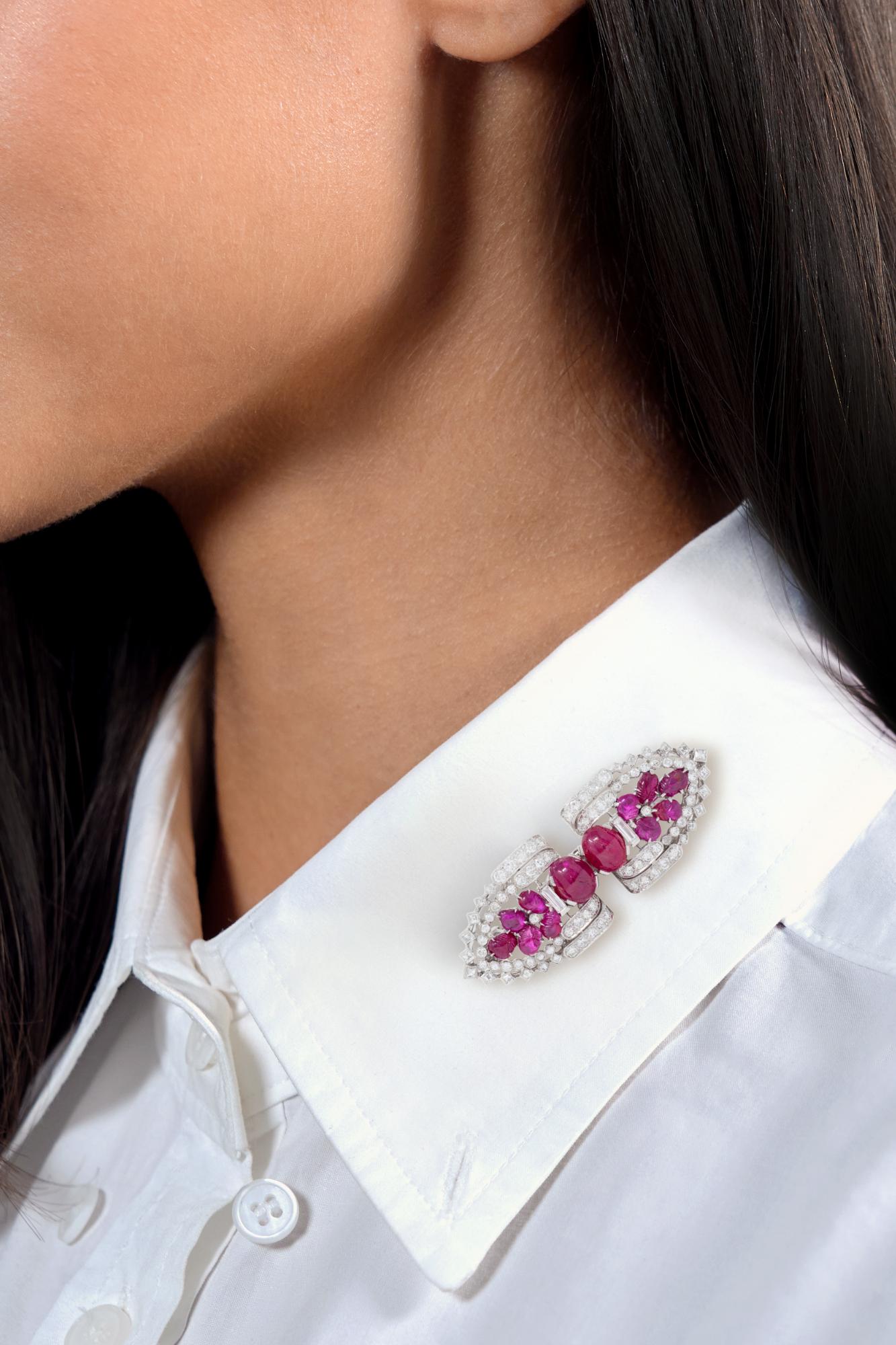 Art Deco Ruby Diamond Platinum Vintage Tutti Frutti Streamlined Brooch Clips