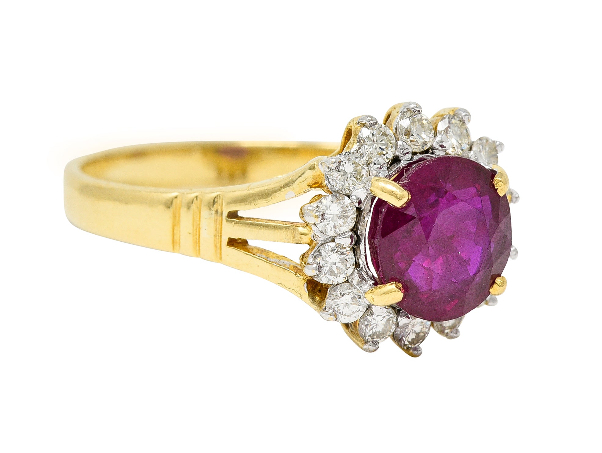 Mid-Century 2.00 CTW Burma Ruby Diamond 18 Karat Yellow Gold Vintage Halo Ring GIA Wilson's Estate Jewelry