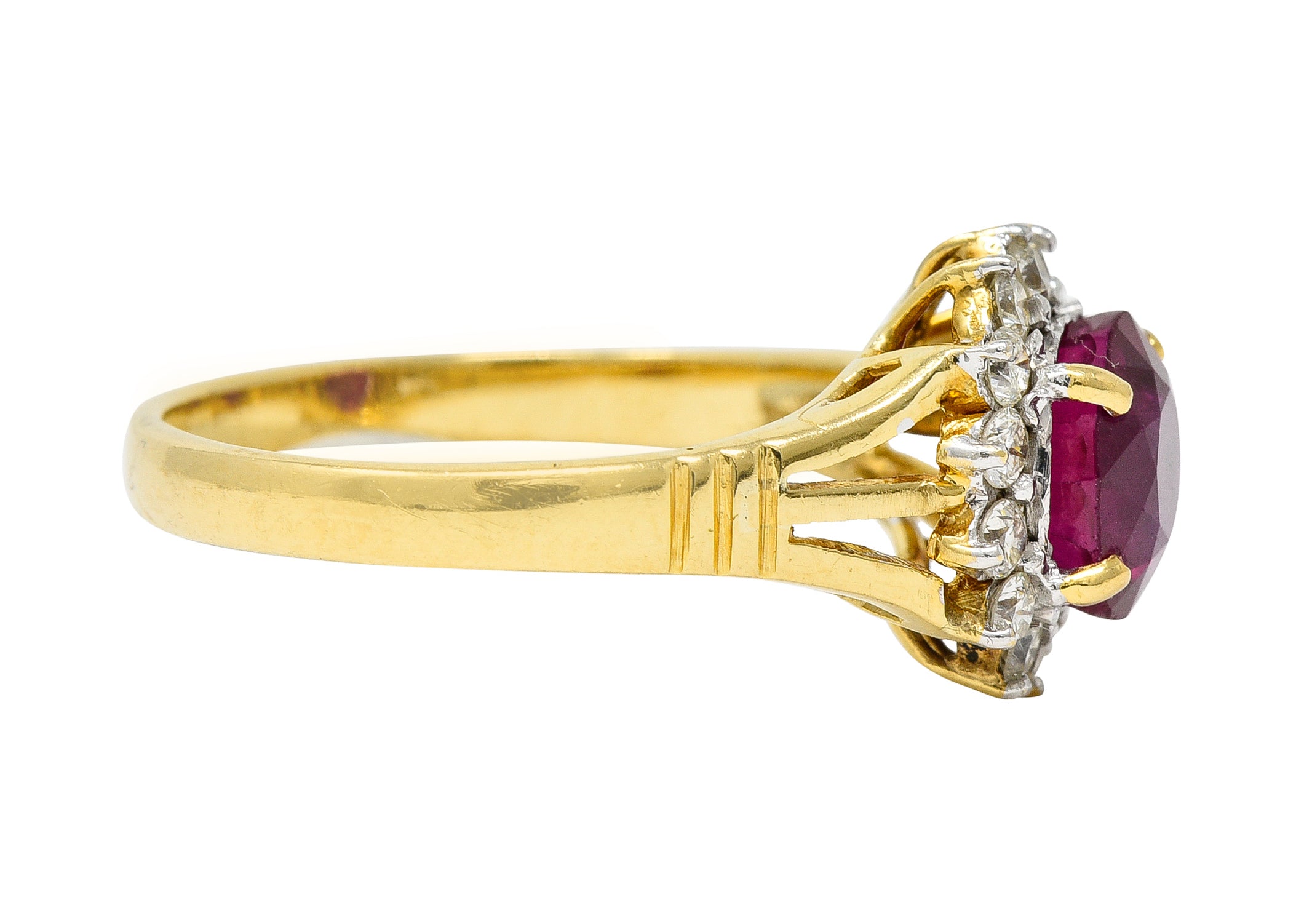 Mid-Century 2.00 CTW Burma Ruby Diamond 18 Karat Yellow Gold Vintage Halo Ring GIA Wilson's Estate Jewelry