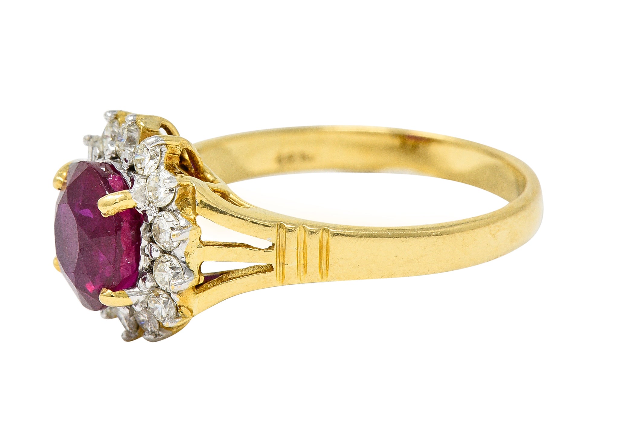 Mid-Century 2.00 CTW Burma Ruby Diamond 18 Karat Yellow Gold Vintage Halo Ring GIA Wilson's Estate Jewelry