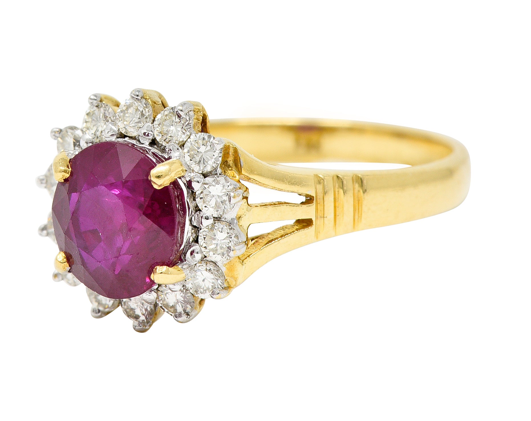 Mid-Century 2.00 CTW Burma Ruby Diamond 18 Karat Yellow Gold Vintage Halo Ring GIA Wilson's Estate Jewelry