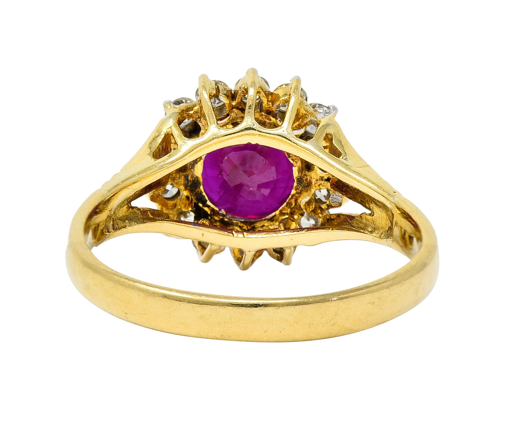 Mid-Century 2.00 CTW Burma Ruby Diamond 18 Karat Yellow Gold Vintage Halo Ring GIA Wilson's Estate Jewelry