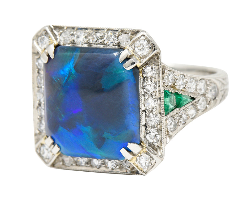 Marcus & Co. Art Deco Octagonal Black Opal Emerald Diamond Platinum Foliate Halo Vintage Ring GIA Wilson's Estate Jewelry