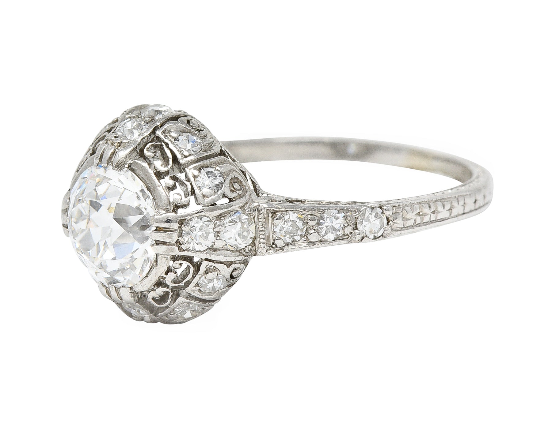 Art Deco 1.27 CTW Old Mine Cut Diamond Platinum Domed Whiplash Vintage Engagement Ring Wilson's Estate Jewelry