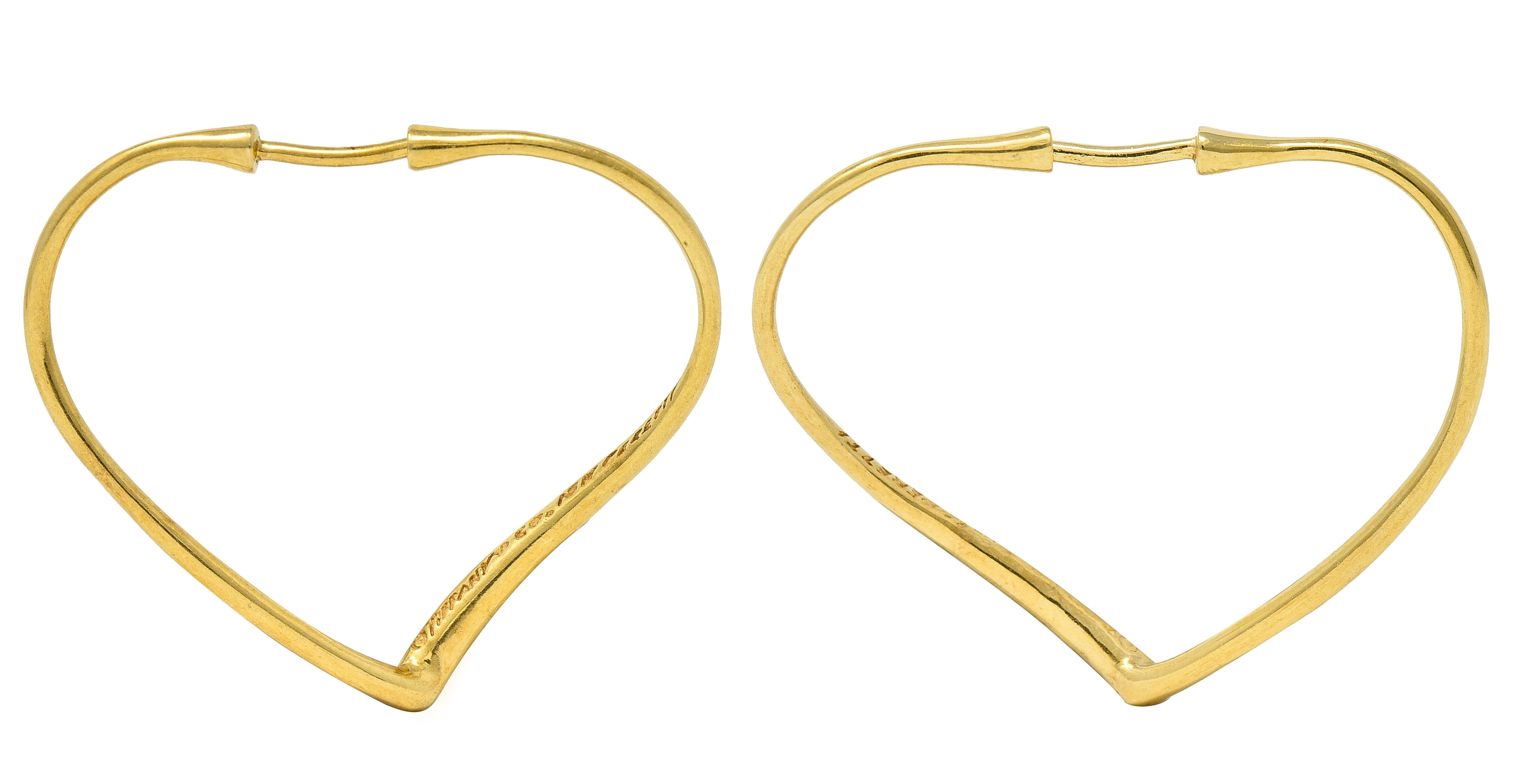 Elsa Peretti Tiffany & Co. 1990's 18 Karat Yellow Gold Open Heart Vintage Hoop Earrings Wilson's Estate Jewelry