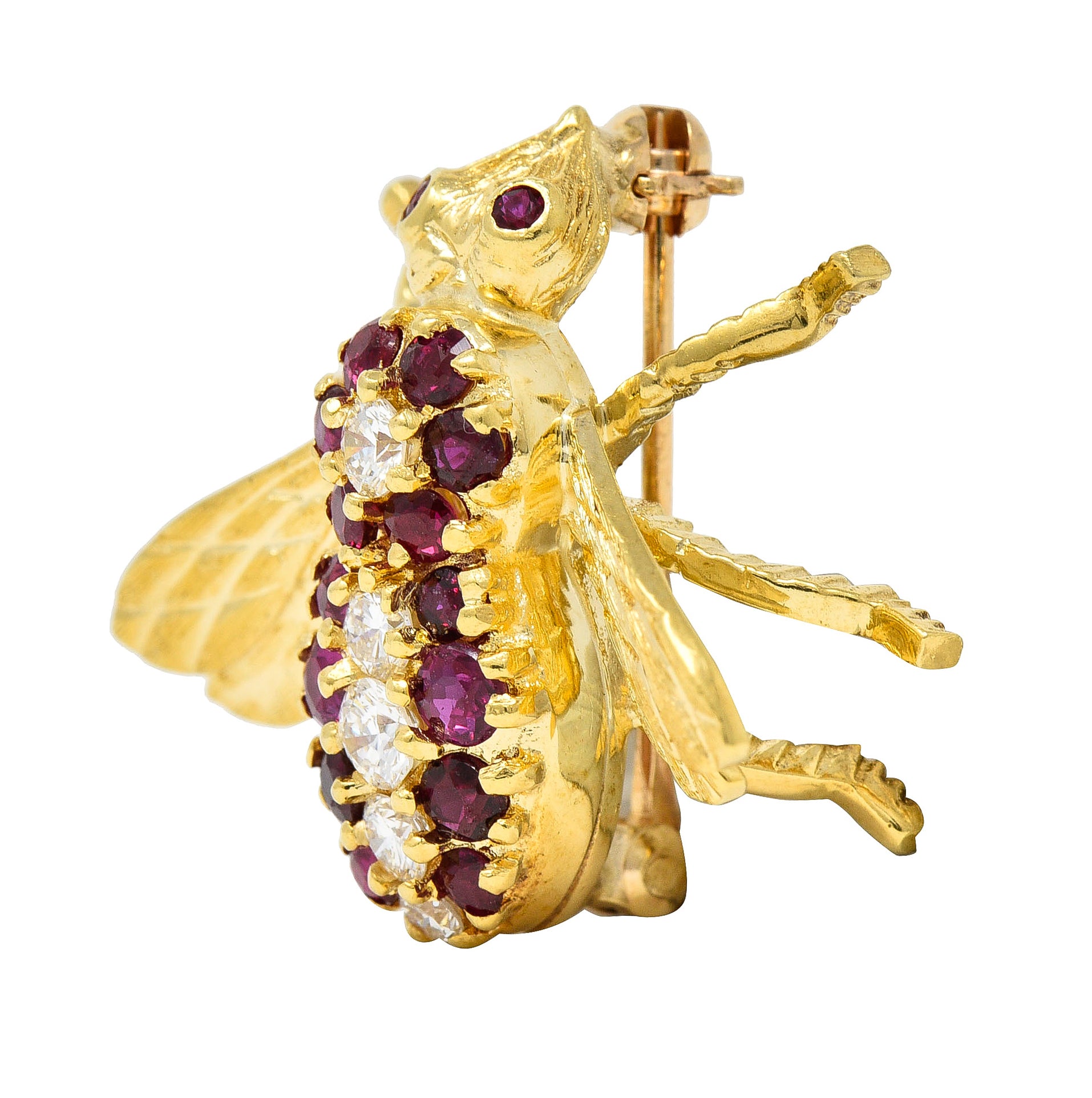 Rosenthal 1960s Diamond Ruby 18 Karat Yellow Gold Bee Vintage Brooch Wilson's Estate Jewelry