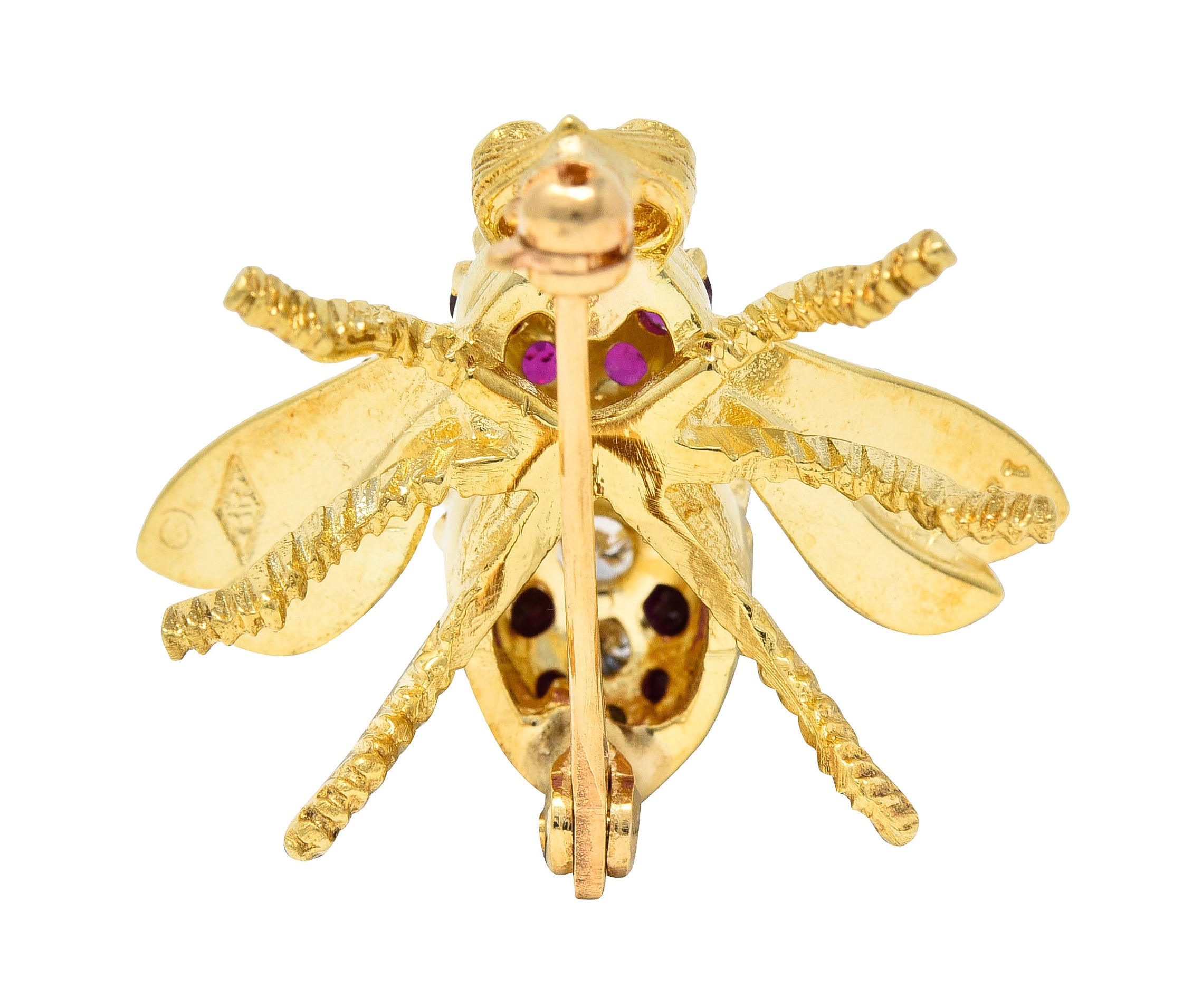 Rosenthal 1960s Diamond Ruby 18 Karat Yellow Gold Bee Vintage Brooch Wilson's Estate Jewelry