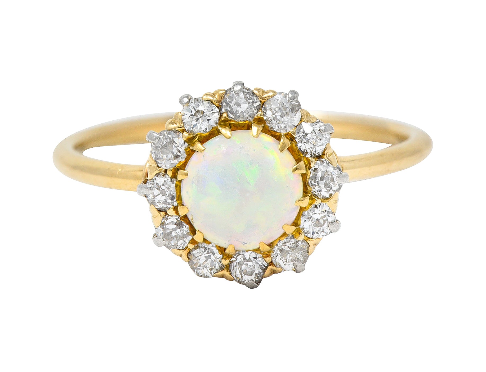 Edwardian Opal Cabochon Old European Cut Diamond Platinum-Topped 18 Karat Yellow Gold Antique Halo Ring Wilson's Estate Jewelry