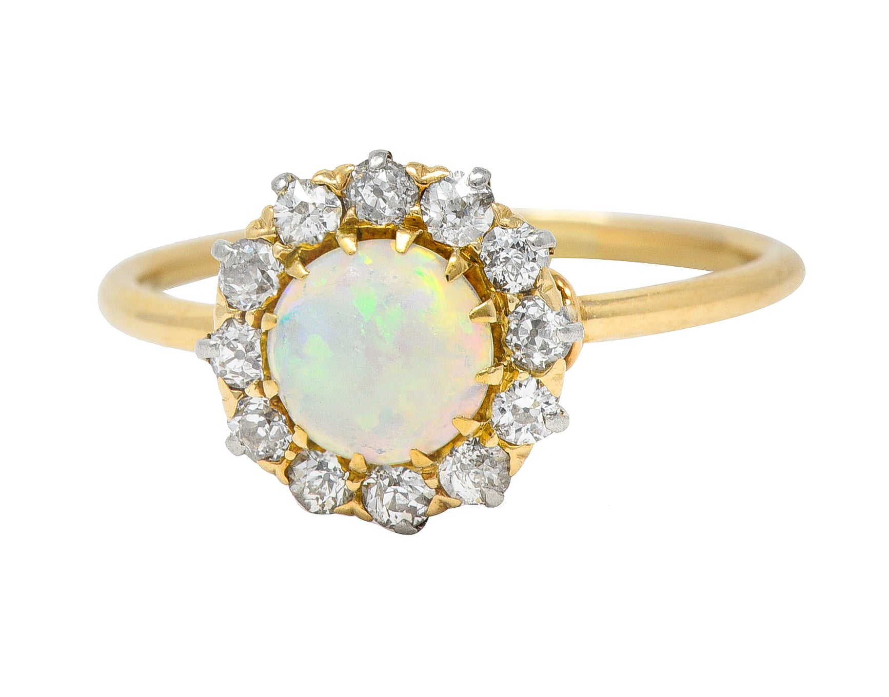 Edwardian Opal Cabochon Old European Cut Diamond Platinum-Topped 18 Karat Yellow Gold Antique Halo Ring Wilson's Estate Jewelry