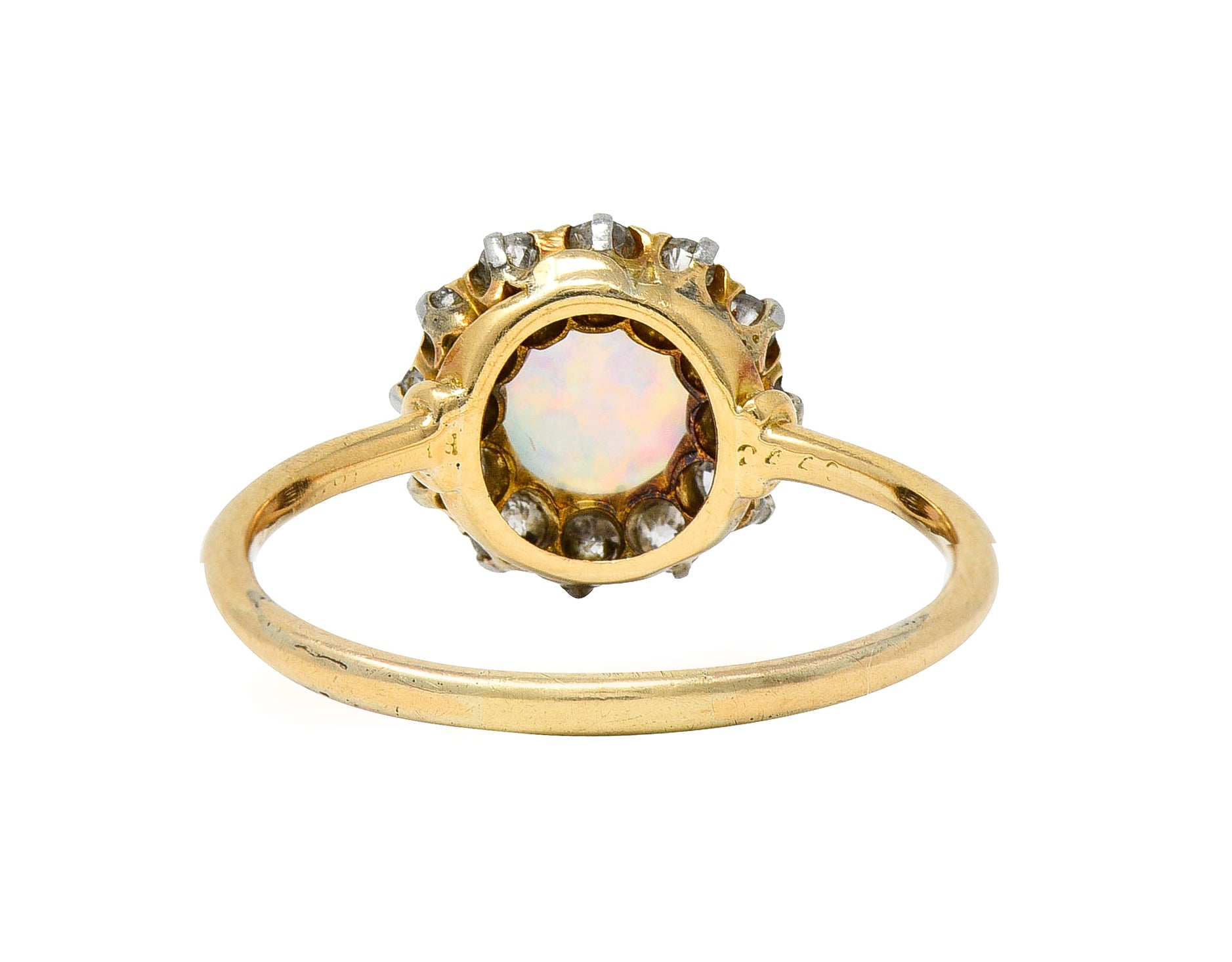 Edwardian Opal Cabochon Old European Cut Diamond Platinum-Topped 18 Karat Yellow Gold Antique Halo Ring Wilson's Estate Jewelry