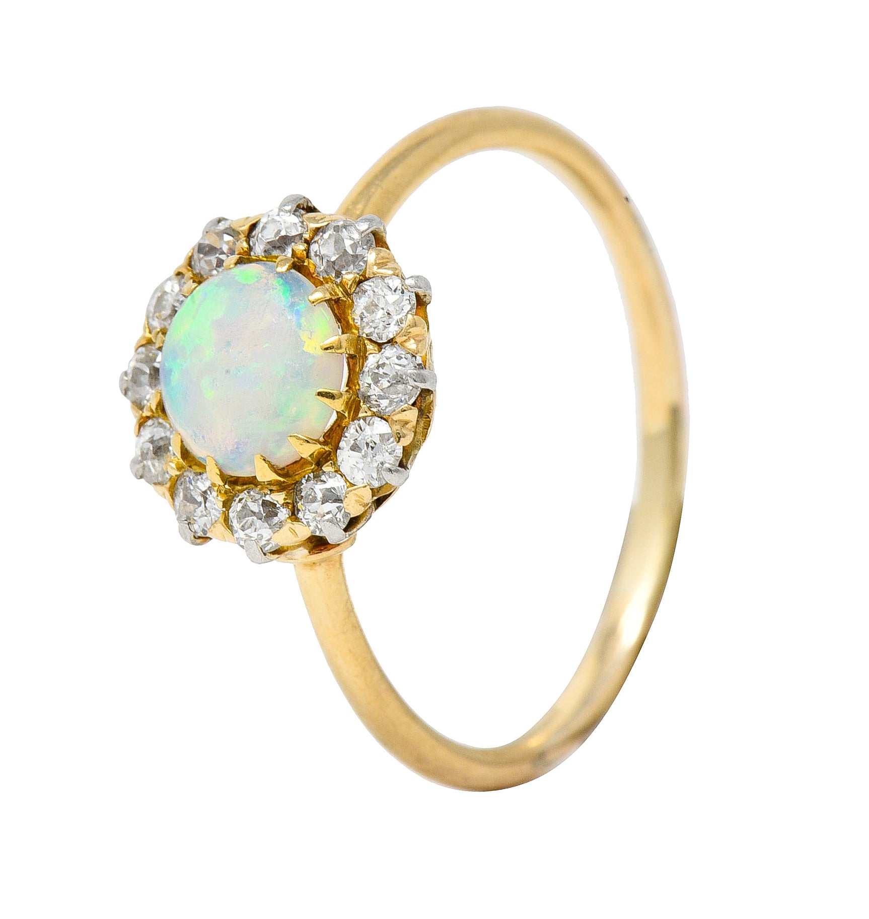 Edwardian Opal Cabochon Old European Cut Diamond Platinum-Topped 18 Karat Yellow Gold Antique Halo Ring Wilson's Estate Jewelry